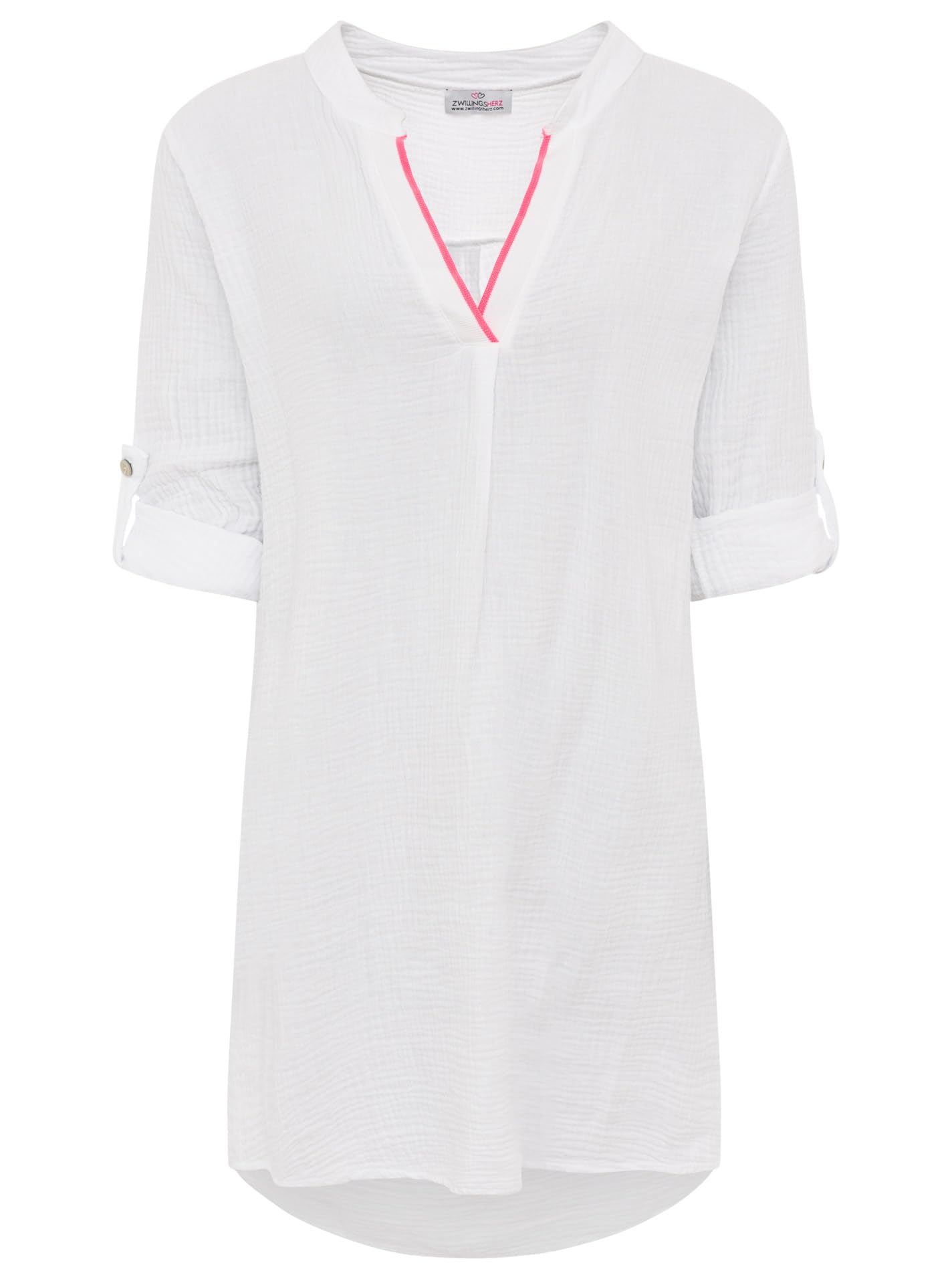 Zwillingsherz Damen Musselin Tunika mit Neon Kante – Luftige Bluse aus 100% Baumwolle – Sommer Oberteil mit V-Ausschnitt und 3/4 Arm – Locker geschnittenes Longshirt für Freizeit Urlaub Strand
