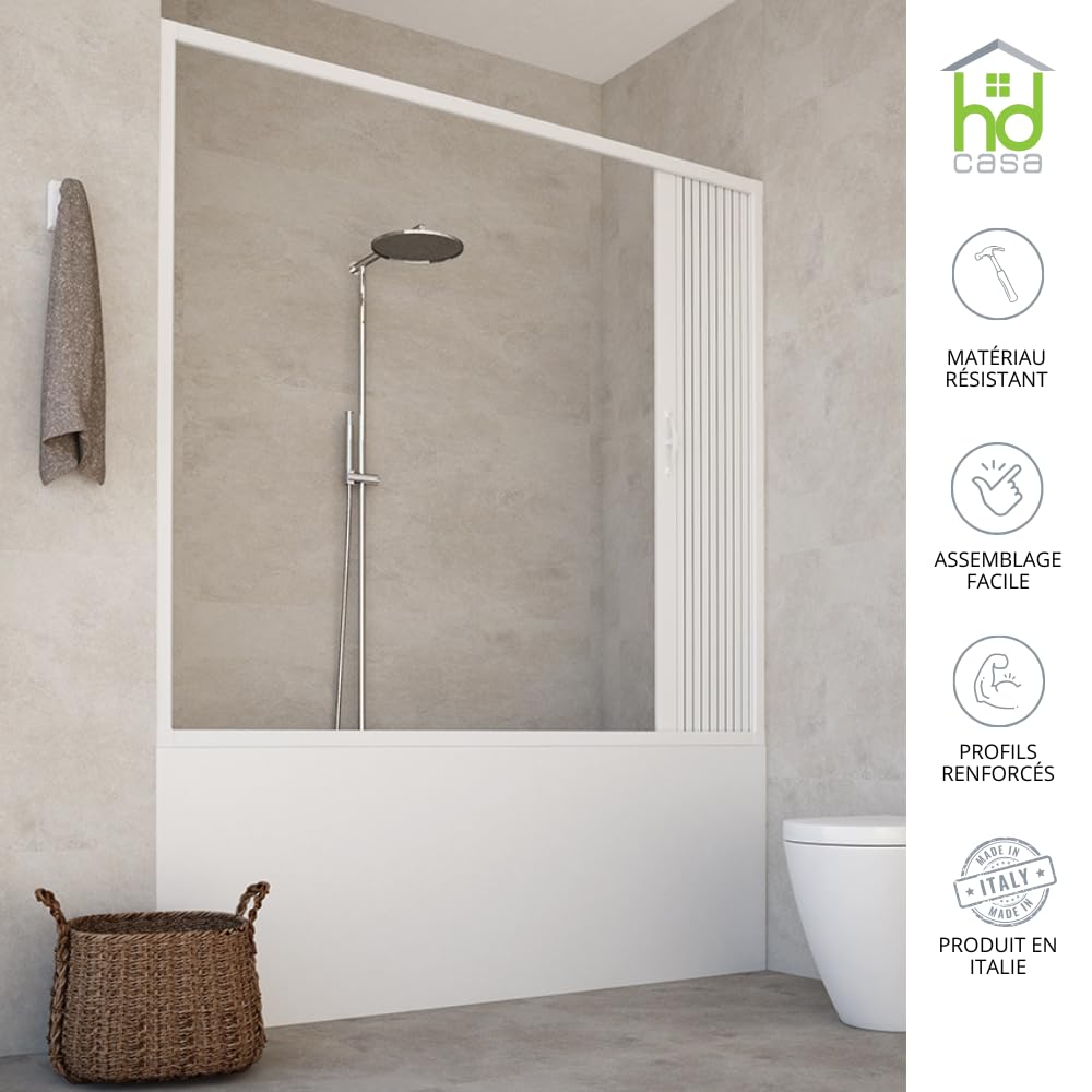 HD CASA Box Sopravasca a Soffietto Modello Alba, Apertura Laterale Reversibile, Pannelli in PVC Riducibili, Cabina Doccia Salvaspazio Made in Italy Arredobagno, parete vasca 170 cm