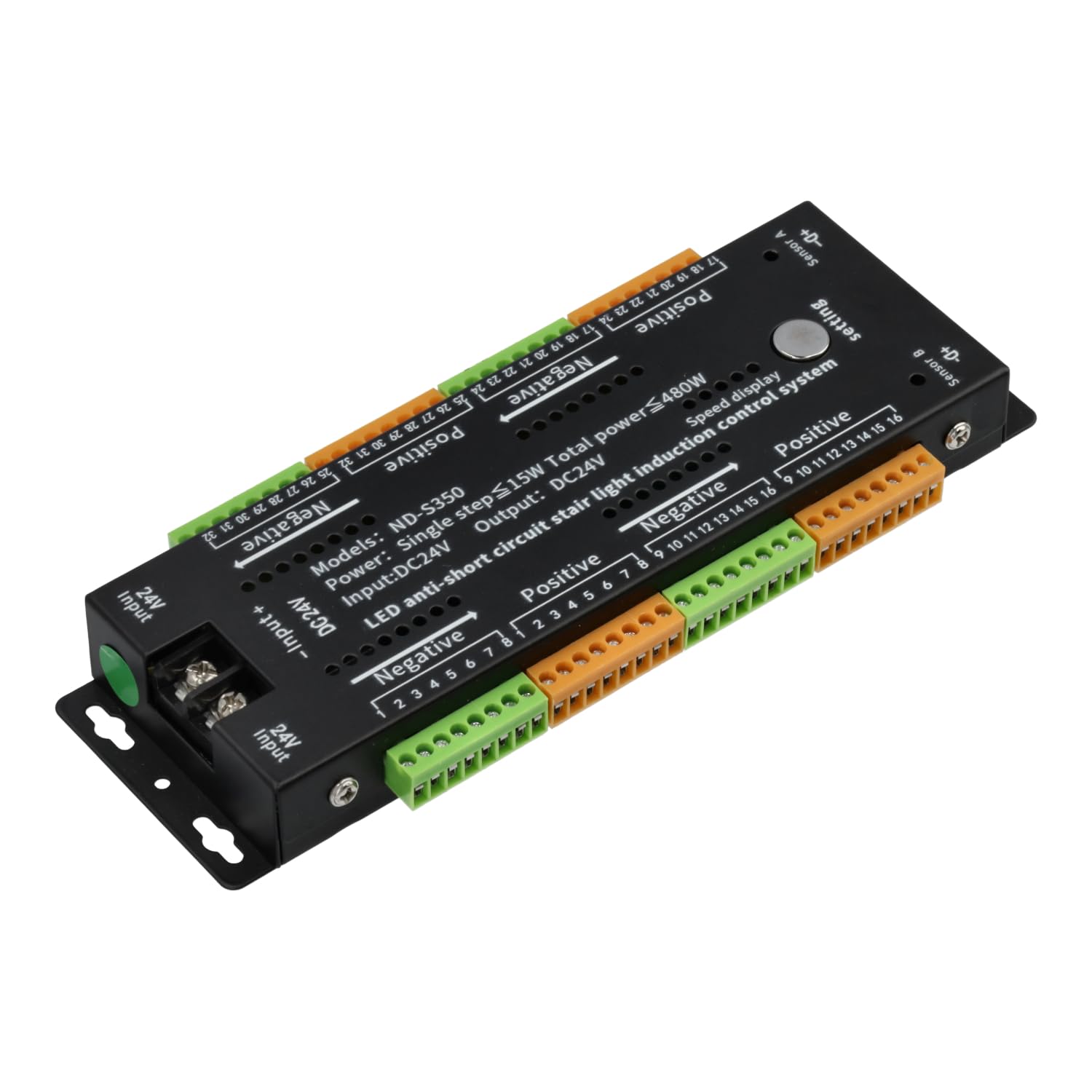 Jandei – Controlador para Tiras LED 24V Efecto Especial “Escalera”, 2 Sensores de Presencia y Botón Regulador de Velocidad. Admite hasta 32 Conexiones (máximo 15W cada Salida)