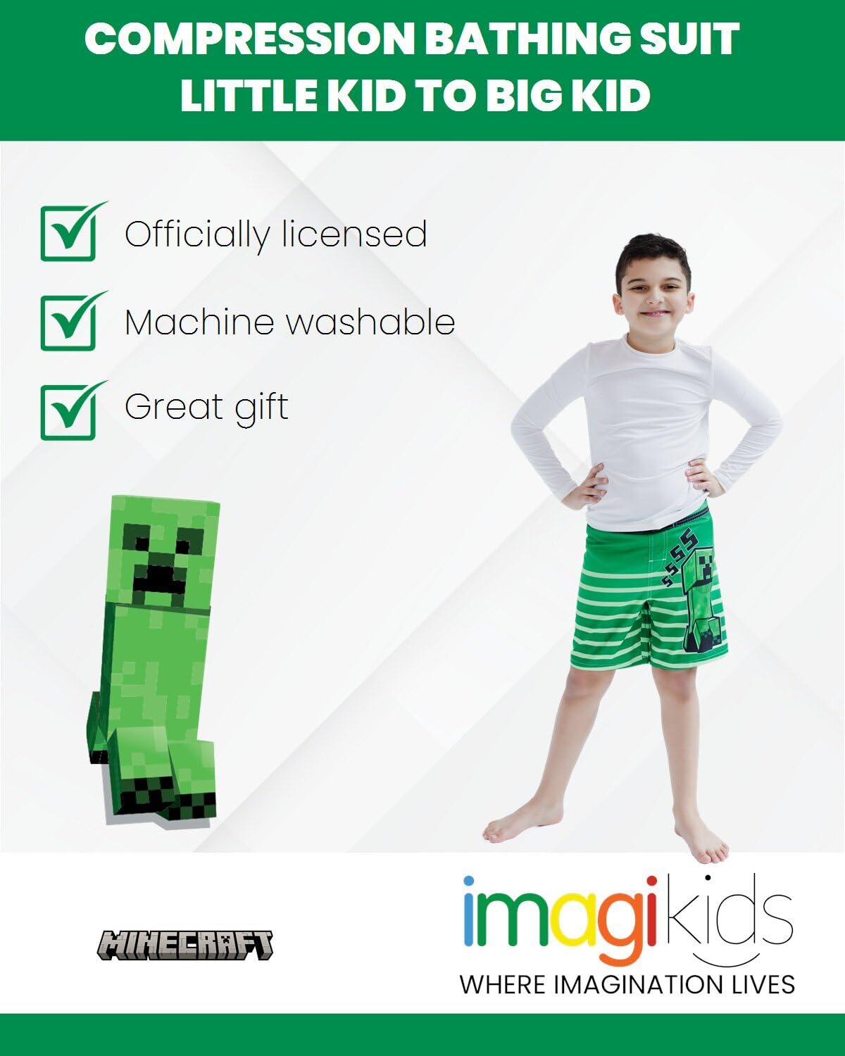 Minecraft Creeper - Traje de baño de compresión UPF 50+, secado rápido, para niños pequeños a niños grandes