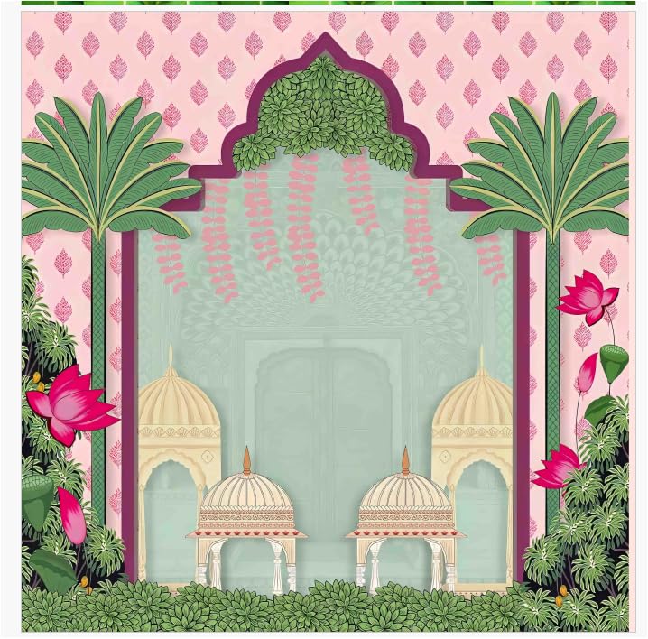 Image of Backdrop Cloth for Pooja Wedding Decoration | Decoration Backdrop | Back Ground Decorations Clothes 8 /8 ft (Pink Two Palm Trees (8 8 FT)) ugadi Decorations Backdrop