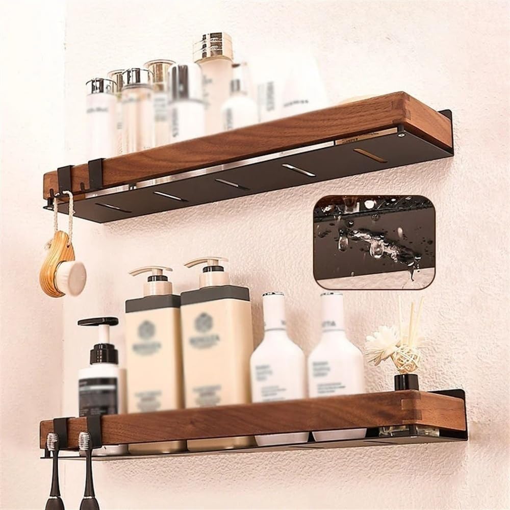 Mensole Bagno Portaoggetti da doccia for l'arredo del bagno con doccia interna, organizer rettangolare da parete con corrimano in legno e porta spazzolino Porta Shampoo Doccia(Natural,40cm)