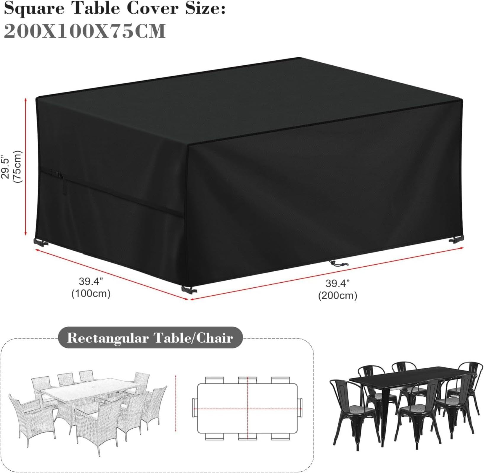 Fundas para muebles de jardín, impermeables, 240 x 100 x 75 cm, a prueba de polvo, para patio, sofá, mesa, silla, tela Oxford 600D, funda de sofá rectangular con anti-UV, color negro