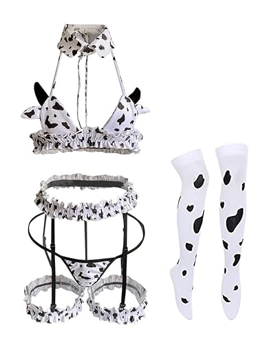 Oludkeph Cow Women Anime Milk Cosplay Costume Bikini Kawaii Bra and Panty Garter Belt Lingerie Set White Stocking - White