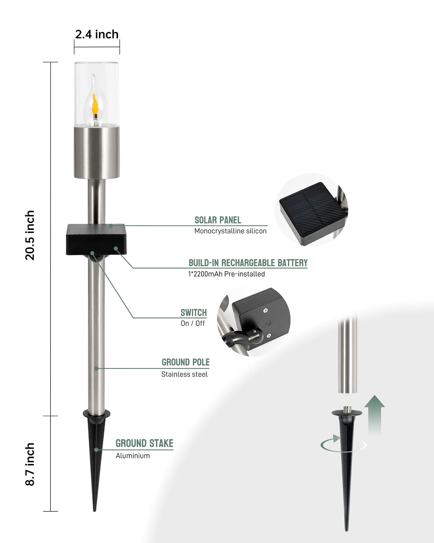 Yoolax Solar-Taschenlampen-Lichter, wasserdicht, Dämmerung bis Morgendämmerung, 2 Stück, Auto-On/Off-Landschaftslichter für Garten, Terrasse, Hof, Auffahrt (flackernde Flammen)