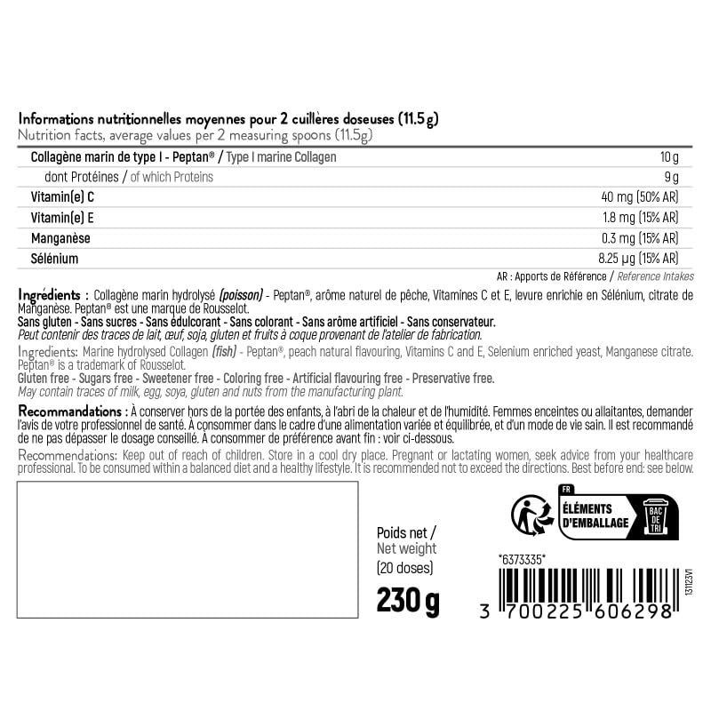 STC NUTRITION - Collagen Duo - Favorise la Santé de la Peau, des Os et des Articulations - Collagène Marin Type I + Vitamines C & E + Sélénium + Manganèse - Arôme naturel de pêche - 3 pots