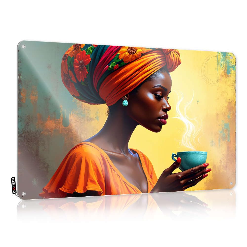 Signs For Garage A Woman In Vibrant Attire Holds A Steaming Cup, Exuding Warmth And Elegance. Tin Sign Tin Bar Signs Metal Sign Funny(30X40CM)