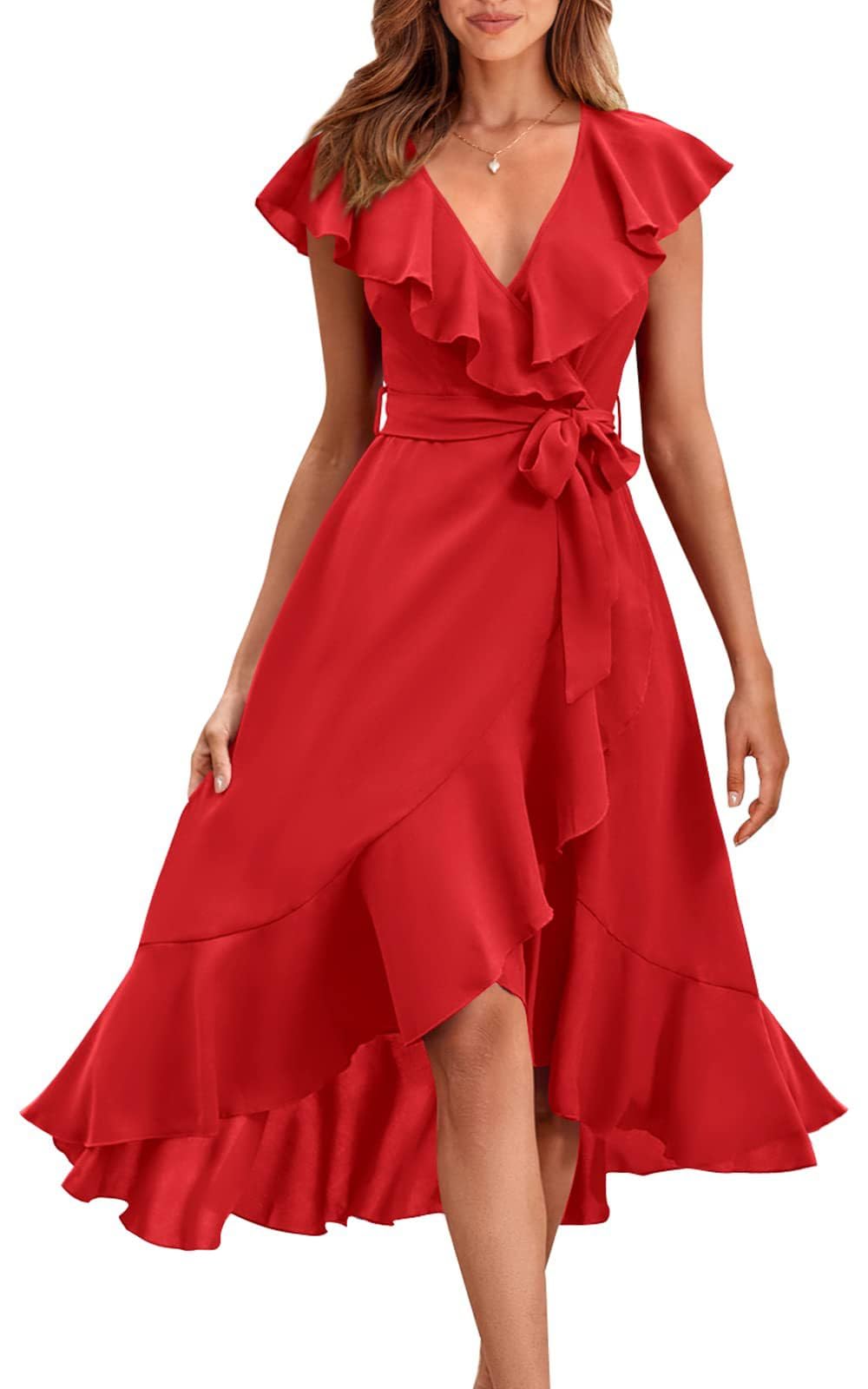 Vestido cruzado de verano para mujer, con cuello en V, vestido de fiesta con volantes, mangas cortas y cinturón, longitud media