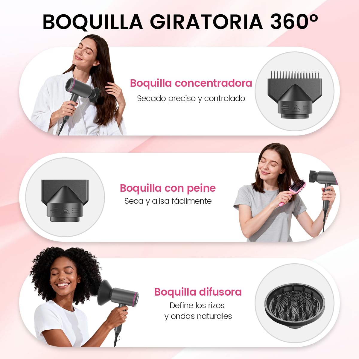 Secador de Pelo Iónico Profesional, Hair Dryer Negativos Portátil, con 3 Temperaturas 2 Velocidades, Botón de Aire Frío, Incluye 1 Difusor y 2 Concentradores