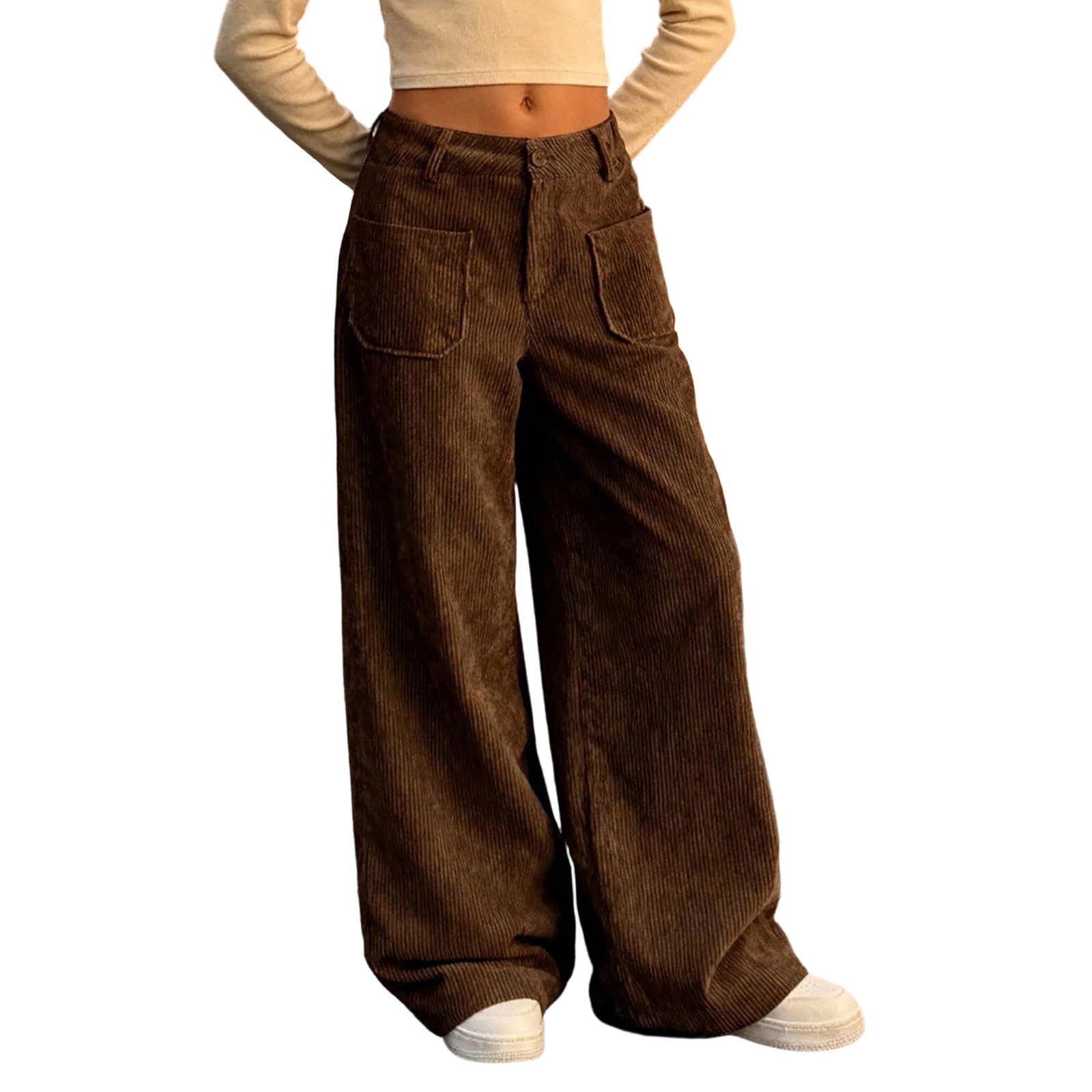 Générique Pantalon en Velours côtelé pour Fille Baggy Jambes Larges Pantalon Évasé Taille Haute Ample Pantalon Décontracté Élastique Léger Confortable Pantalon De Loisirs