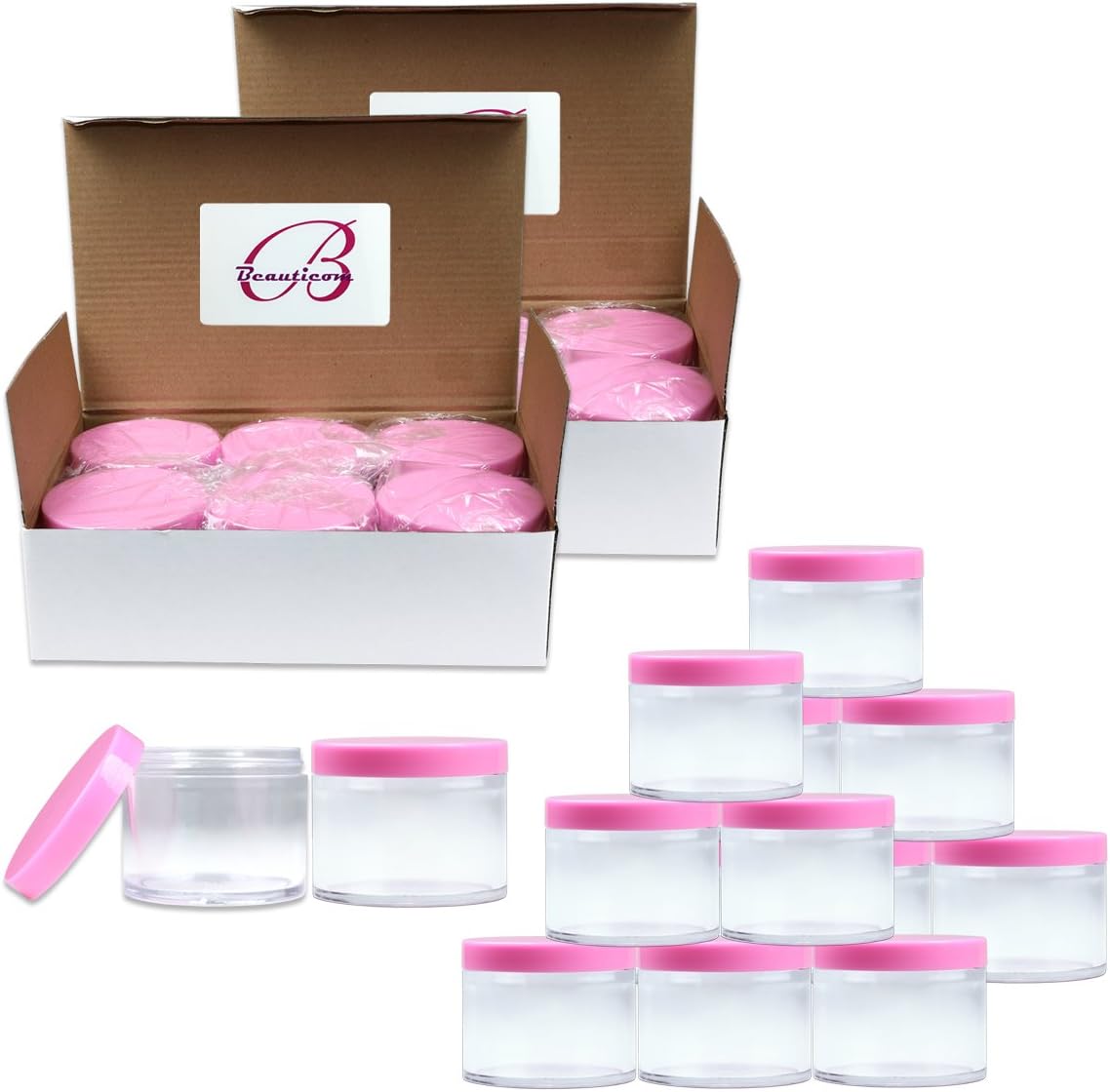 Beauticom 120g/120ml (4 Fl Oz) Thick Double Wall Leak-Proof Round Clear Plastic Jars with Flat Top Lids for Creams, Lotions, Powders, Glitters, and more… (Color: Pink Lid, Quantity: 12 Pieces)