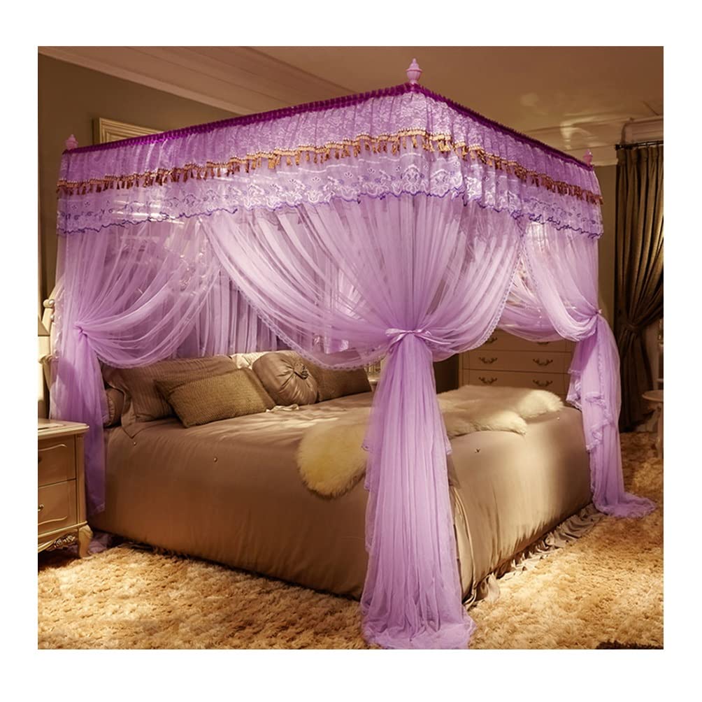 GJMSSMY Bed Canopies Frame,Luxury Purple Bed Canopy Mosquito Net, 4 Corner Post Lace Embroidered Bed Curtain for Princess Bedroom Decor, 71"x87" Size, Elegant Bedspread Accessory