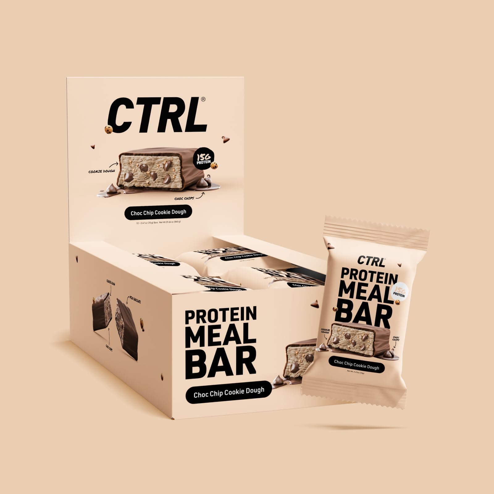 CTRL Protein Meal Bars - Choc Chip Cookie Dough Flavor - 15g Protein, 280 Calories - Wholesome Indulgence, Chewy & Rich - 12 Bars