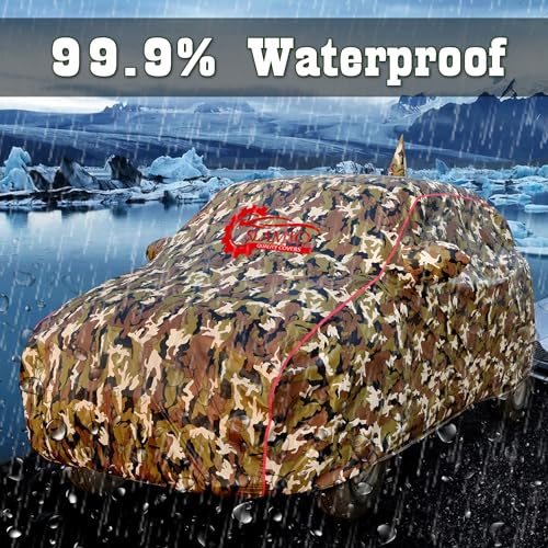 Image of Waterproof Car Body Cover for Ford Ecosport (2018-2026) with Mirror Pocket, Soft Cotton Lining, Triple Stitched, Full Bottom Elastic (Heat Resistant Jungle Print with Red Piping)