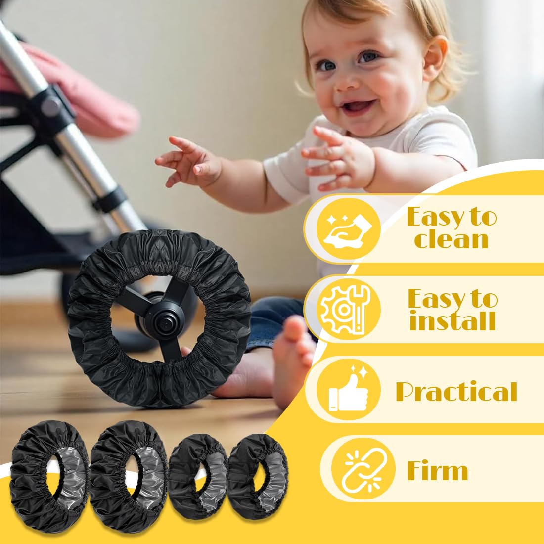 Copriruota per Passeggino in Tessuto Oxford 4 Pezzi, Coperture di Protezione Ruote, Nero