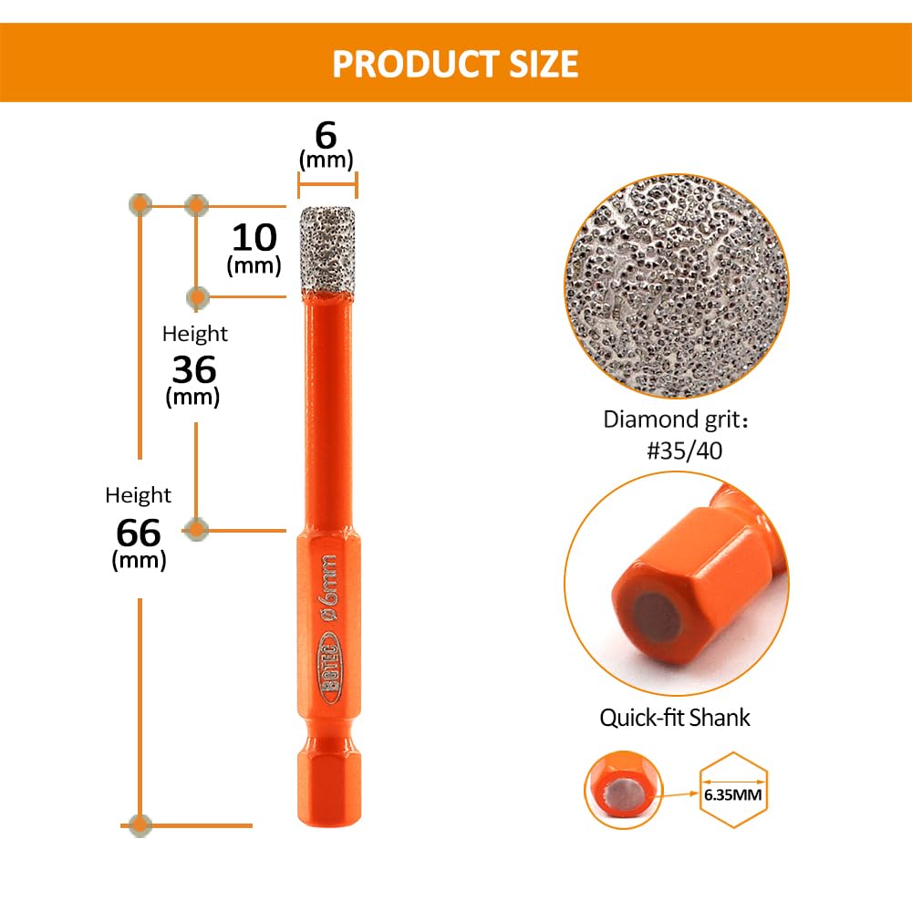 BGTEC Punte Elicoidali Diamantate a Secco con Attacco Esagonale a Cambio Rapido per Gres Porcellanato Mattone in Marmo Ceramico 2 pezzi Diametro 6 mm