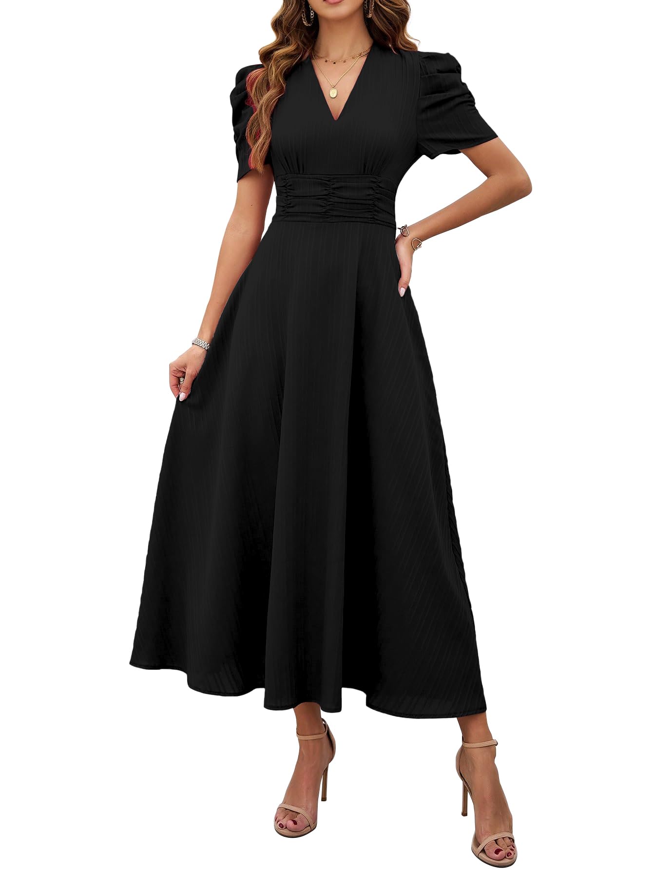 Shasmi Girl's & Women's Solid Color V-Neck A-Line Maxi Dress for Women | New Year Party Outfit | Waist Cinched Puff Sleeve Western | Elegant Casual Wear (Dress 246)