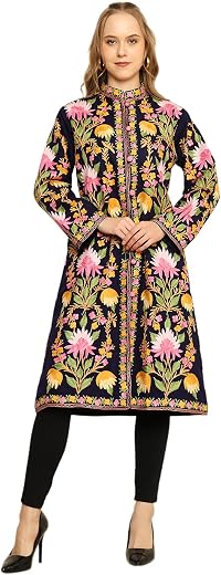 CRAFTBAZAR Women's Kashmiri Embroidered Woolen Blue Long Coat