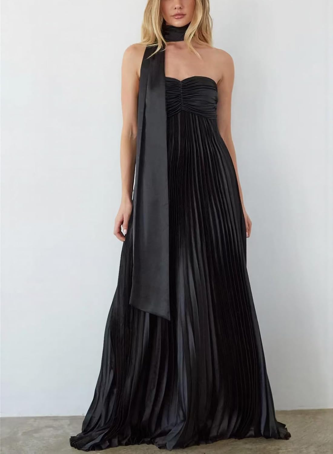 Women Bridesmaid Dresses with Scarf Strapless Pleated Flowy Solid Long Formal Wedding Guest Dress Womens Fall Dresses - Image 3