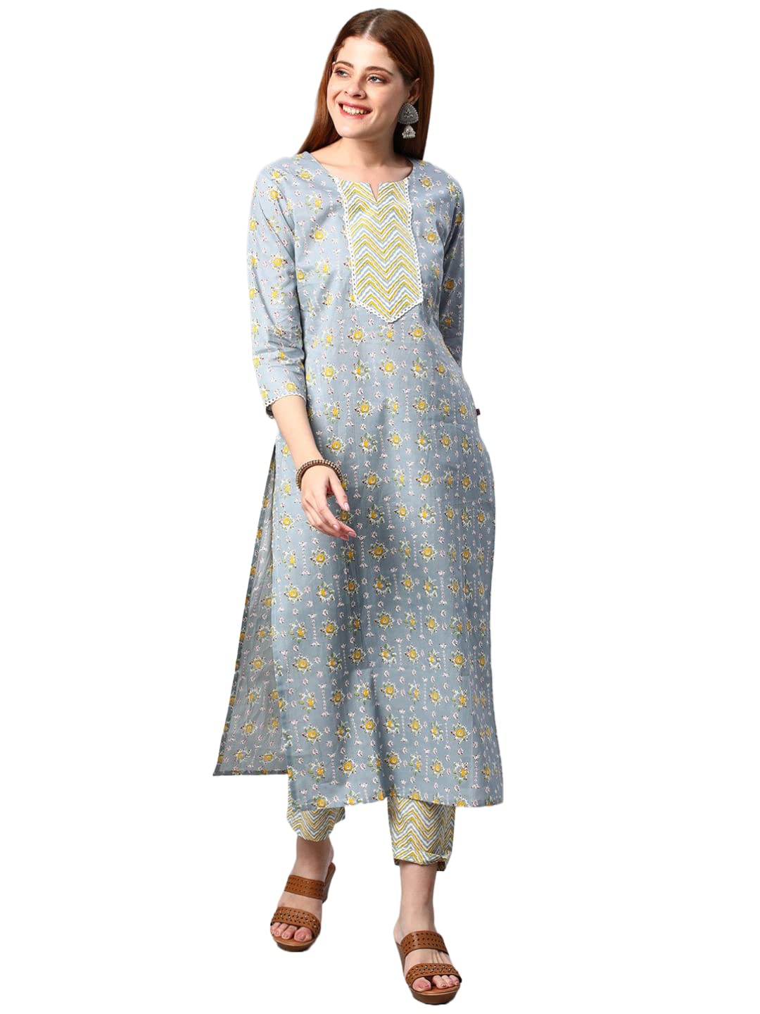 GoSriKiWomen's Cotton Blend Traditional Straight Printed Kurta and Pant