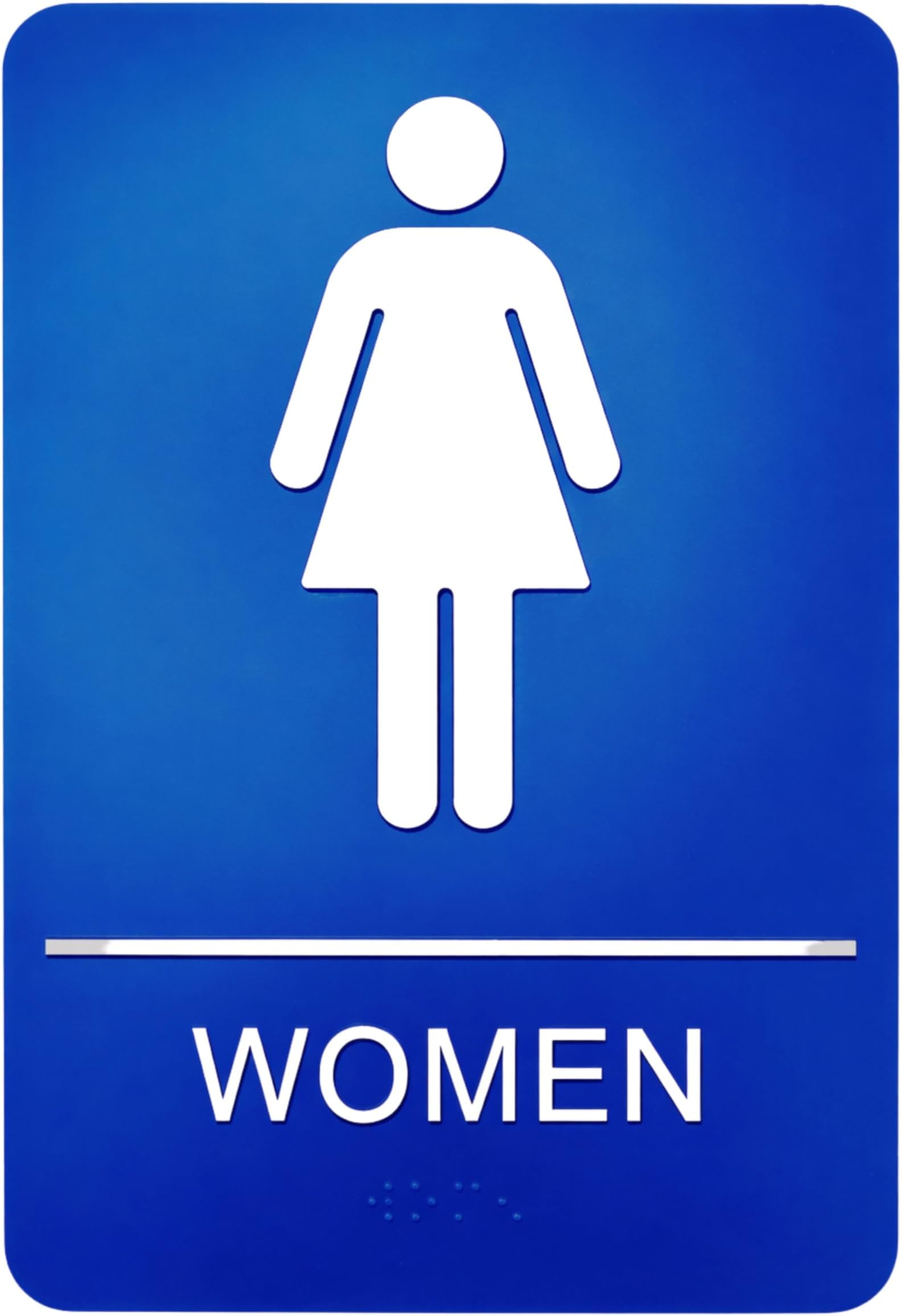 Women Braille Restroom Sign - Comes With Graphical Symbols & Double Sided 3M Tape to Secure Ideally in Less Than a Minute - Unique Design & Highly Visible - Size 9x6 Inch - Blue