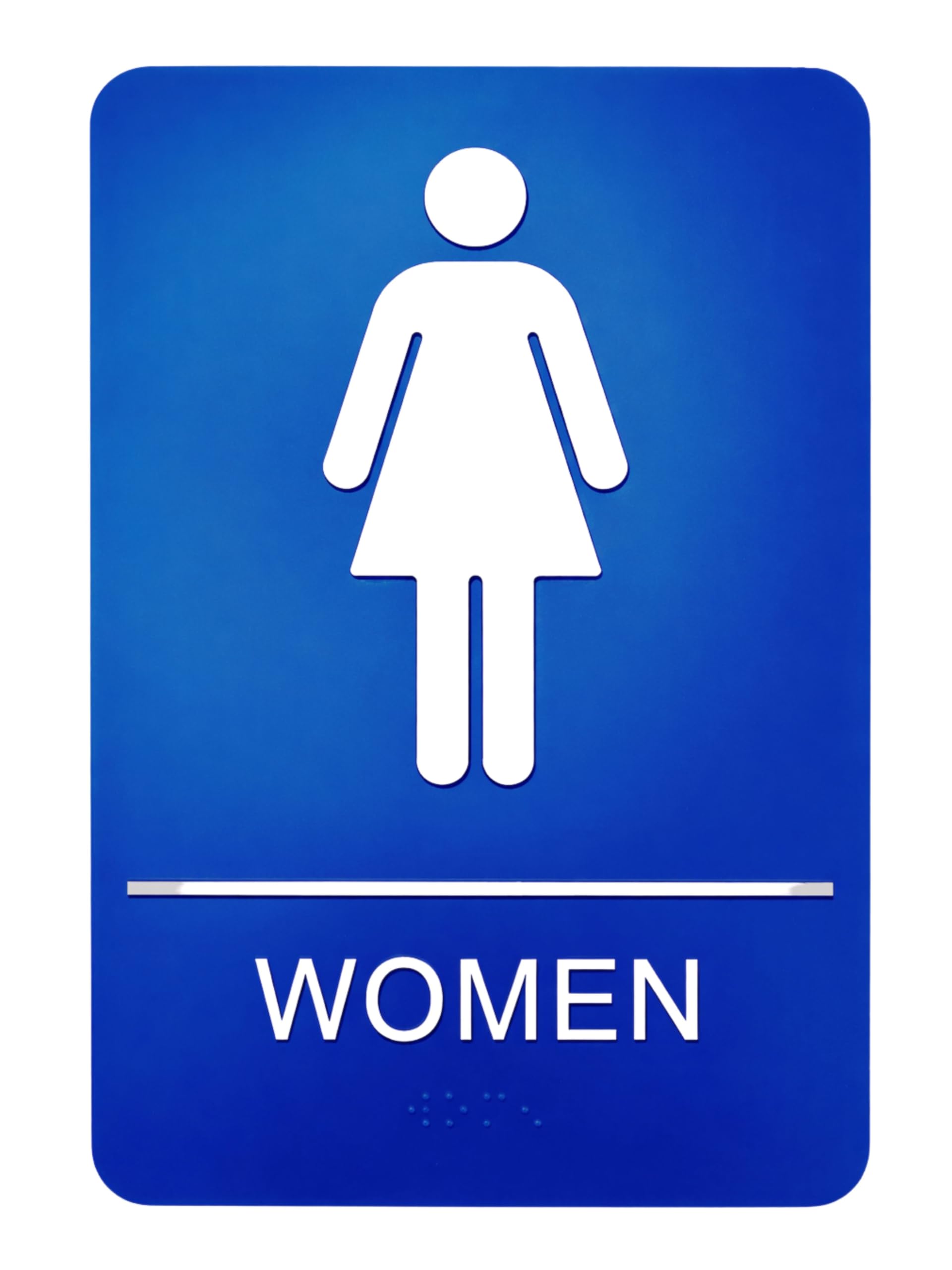 Women Braille Restroom Sign - Comes With Graphical Symbols & Double Sided 3M Tape to Secure Ideally in Less Than a Minute - Unique Design & Highly Visible - Size 9x6 Inch - Blue