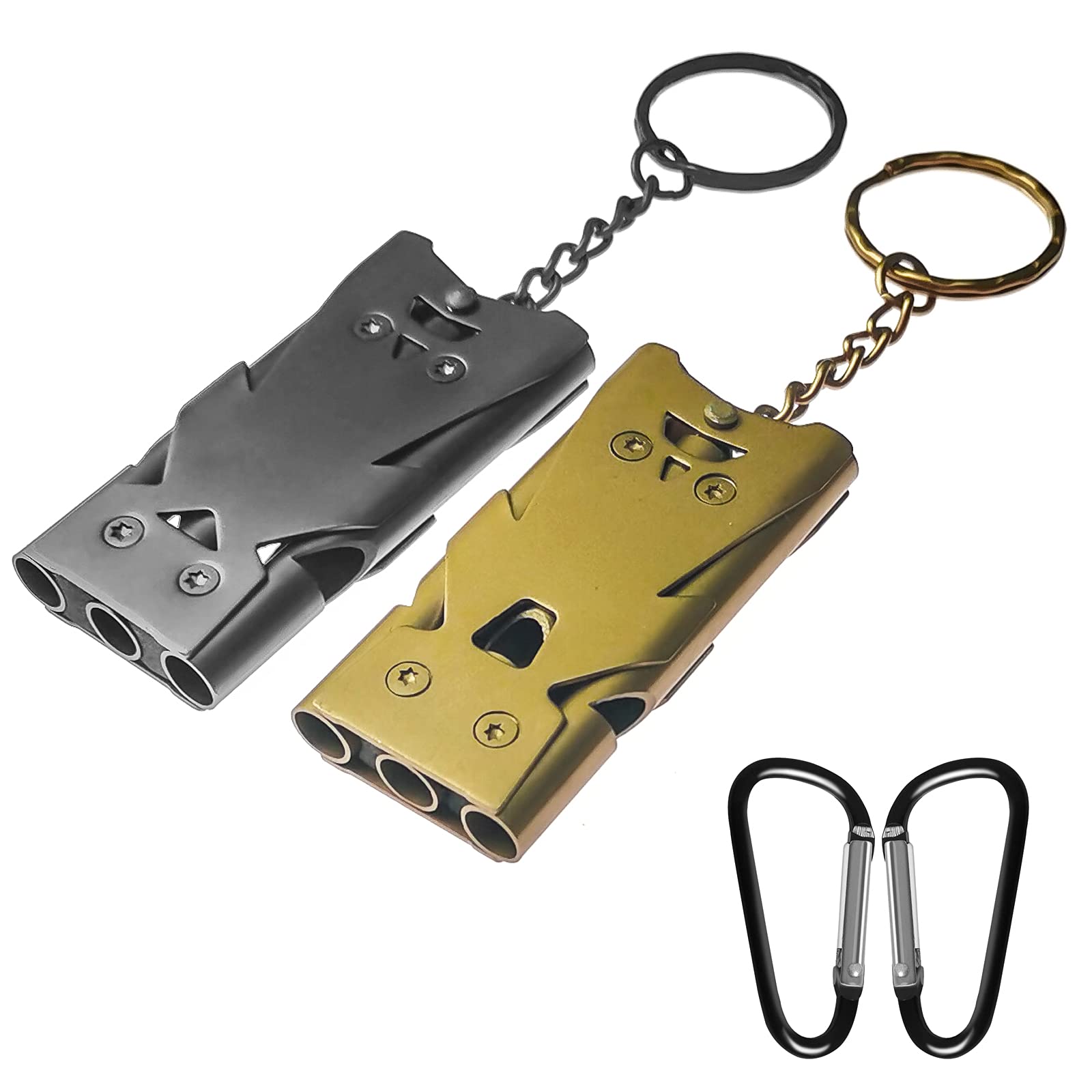 haimaiAE 2 PCS Three Tube Safety Whistle, 150 High Decibel Emergency Whistle for Camping, Boating, Fishing, Hiking, with 2 × D Ring Shape Carabeaner (Gold & Black)