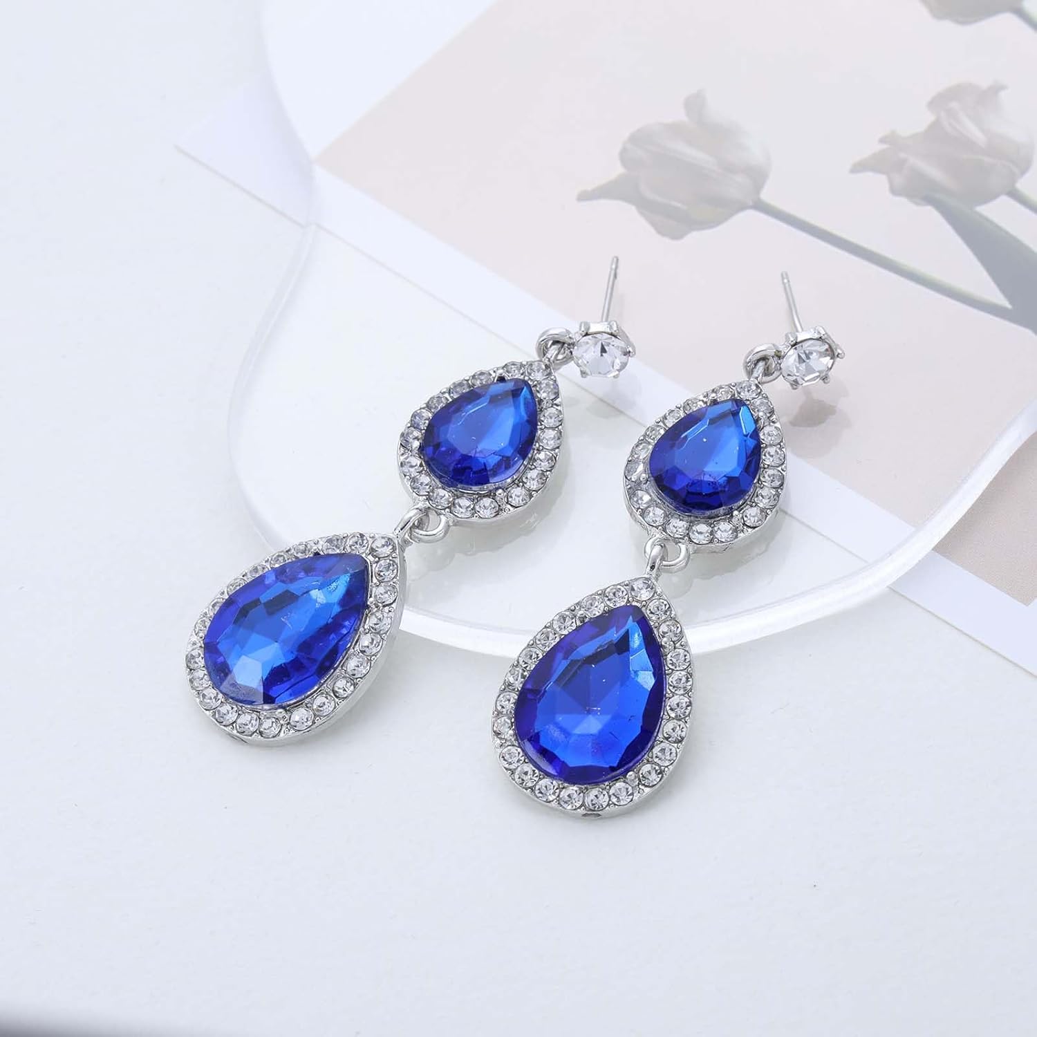 Vintage Teardrop Sapphire Dangle Earrings Blue Crystal Drop Earrings Silver Sapphire Teardrop Earring Waterdrop Blue Rhinestone Earring Bridal Wedding Chandelier Statement Jewelry for Women - Image 3