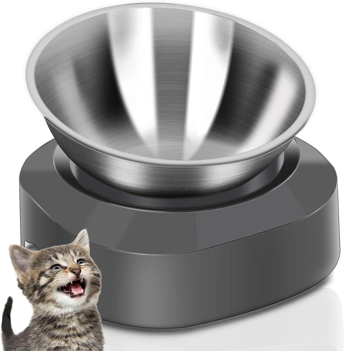 Raised Cat Food Bowl, Stainless Steel Cat Dish for Food Water Anti Vomiting Elevated with Stand Ergonomic Lifted Slanted Tilted 15 Angle Metal Single Kitty Kitten Wet Food Bowl Pet Bowl (Single)