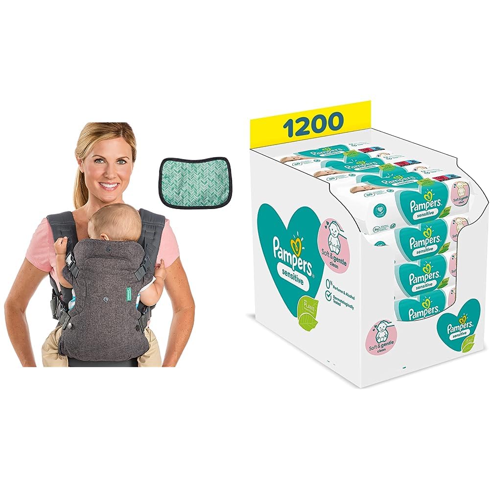 Infantino Flip Advanced 4-in-1-Trage mit Lätzchen & Pampers Sensitive Baby Feuchttücher, 1200 Tücher (15 x 80) Für Empfindliche Babyhaut, Dermatologisch Getestet, Baby Erstausstattung Für Neugeborene