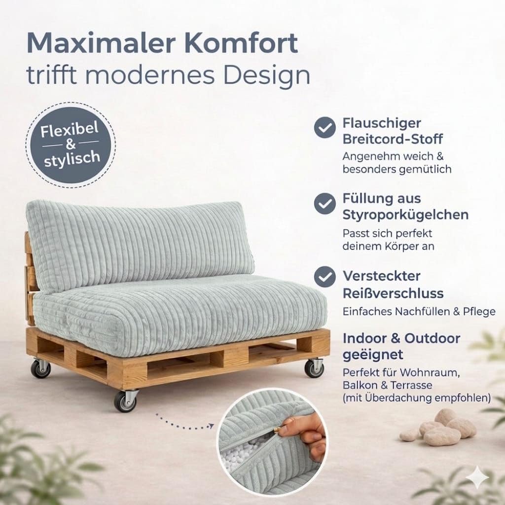 PATCH HOME Paletti Cord™ Palettenpolster Set für Europaletten – Sitz- & Rückenkissen aus Cord für Innen & geschützten Außenbereich (Grau)