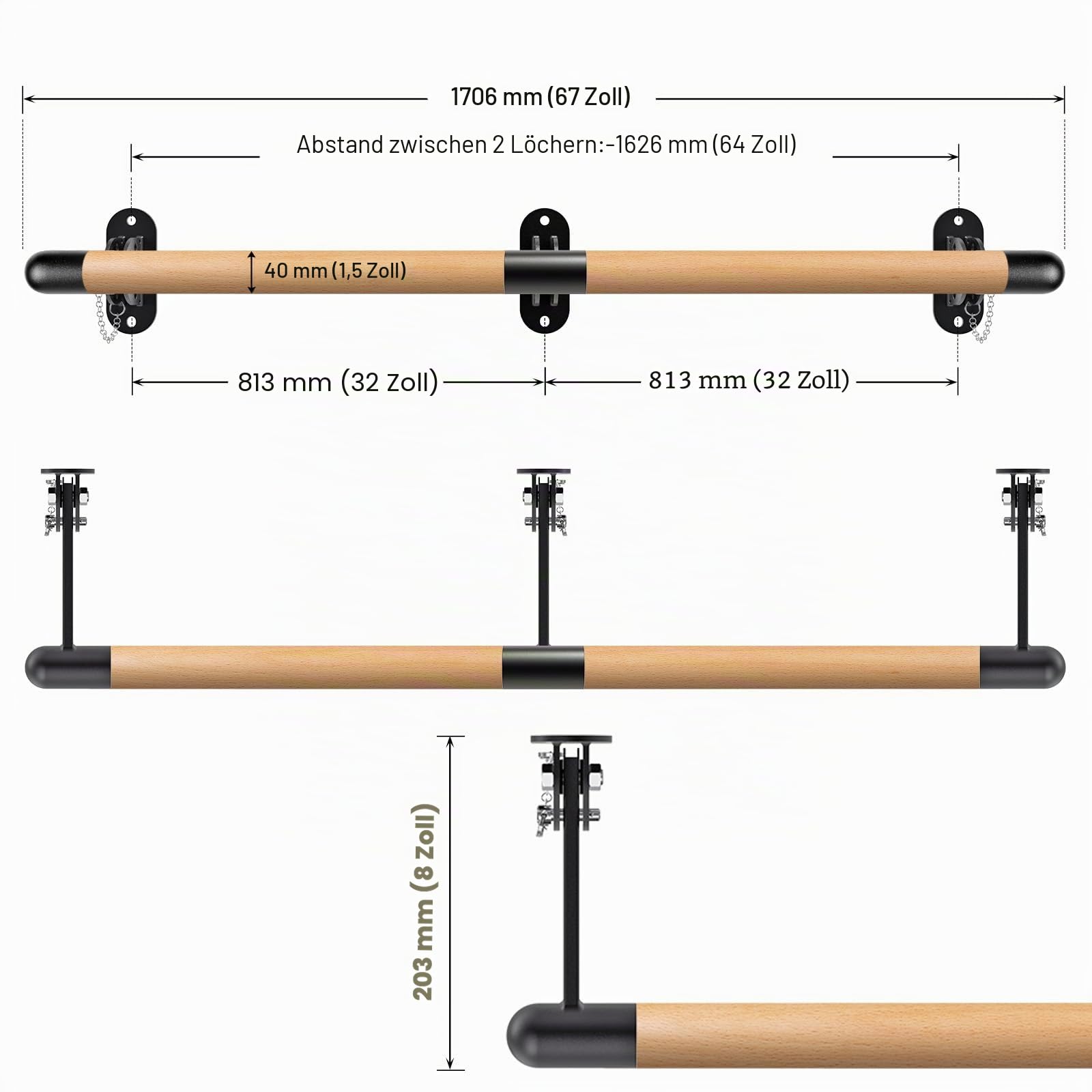 BeneLabel Ballettstange Holz, 90-250cm Ballett Stange Kinder Höhenverstellbar Wandmontage Stretching Tanzstange Erwachsene Zuhause Barre Gym Training Ausrüstung mit Metallhalterung, 4cm Durchmesser