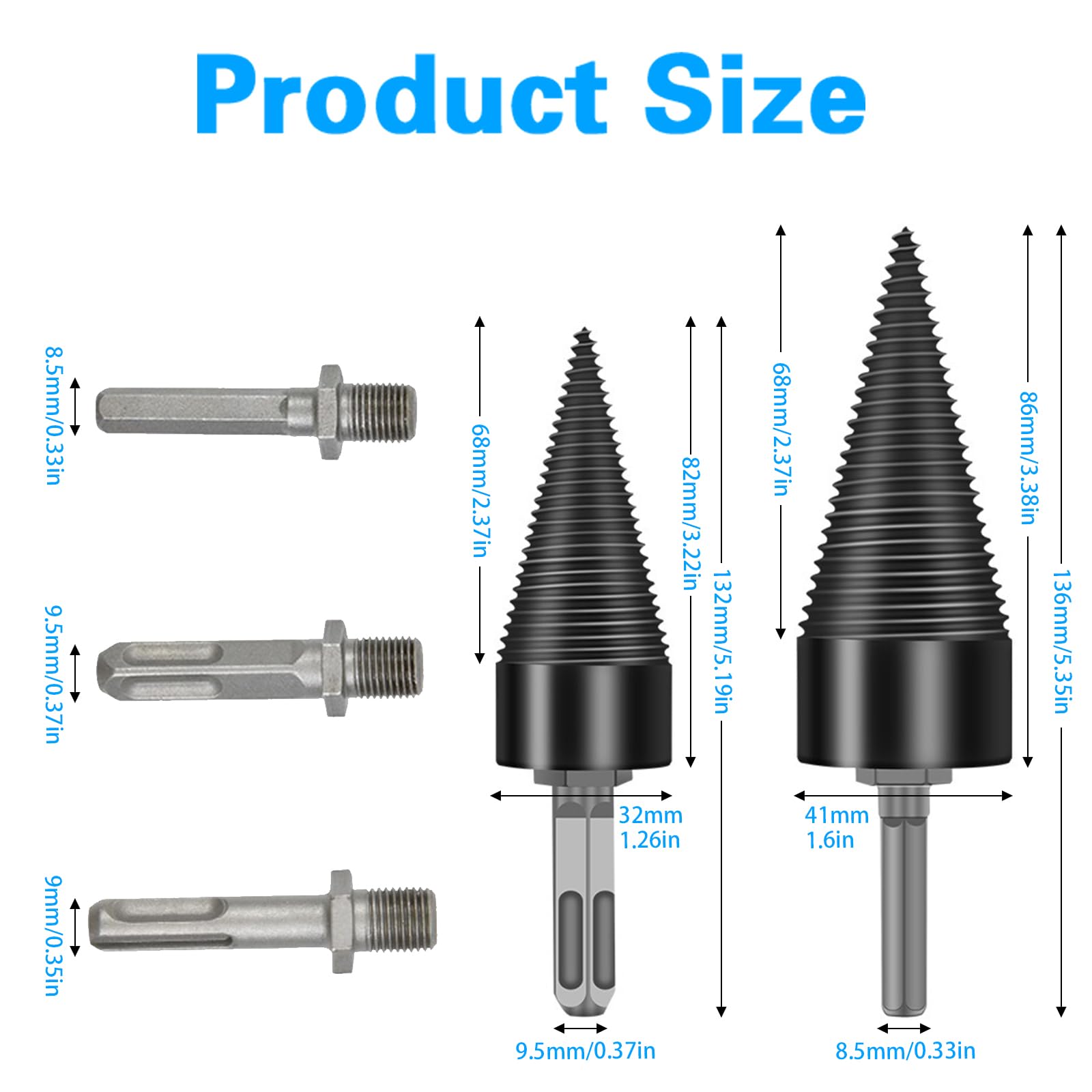 Pack of 2 Firewood Drills - Drill Cone Wood Splitter 42 mm & 32 mm Cone Splitter Splitting Drill Bit with 3 Drill Handles - Image 2