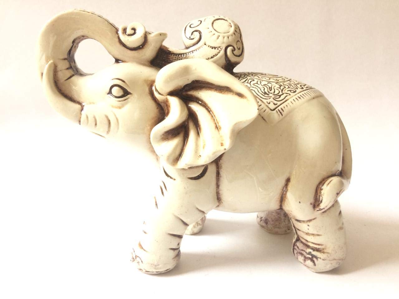 CRAFTSTORE14 Decorative Poly-Resin Elephant Sculpture Elephant Figurine, Off White Smooth Finish (Trunk up 2)