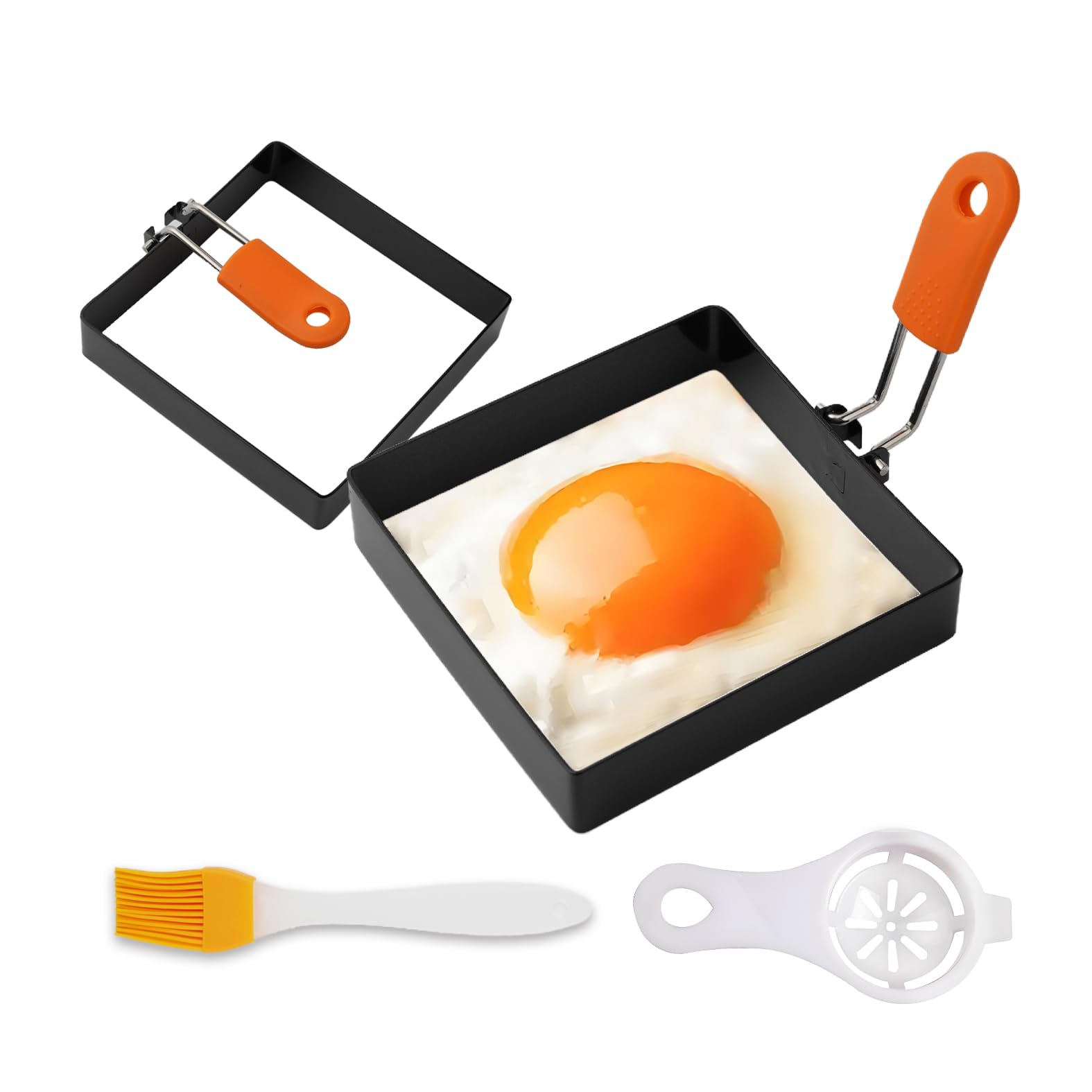 LVYKING 2 Pcs Square Egg Ring for Frying, 4 Inch Non-stick Fried Egg Ring, Stainless Steel Egg Pancake Cooking Rings with Silicone Handle, Rings for Egg Muffins with Oil Brush & Separator
