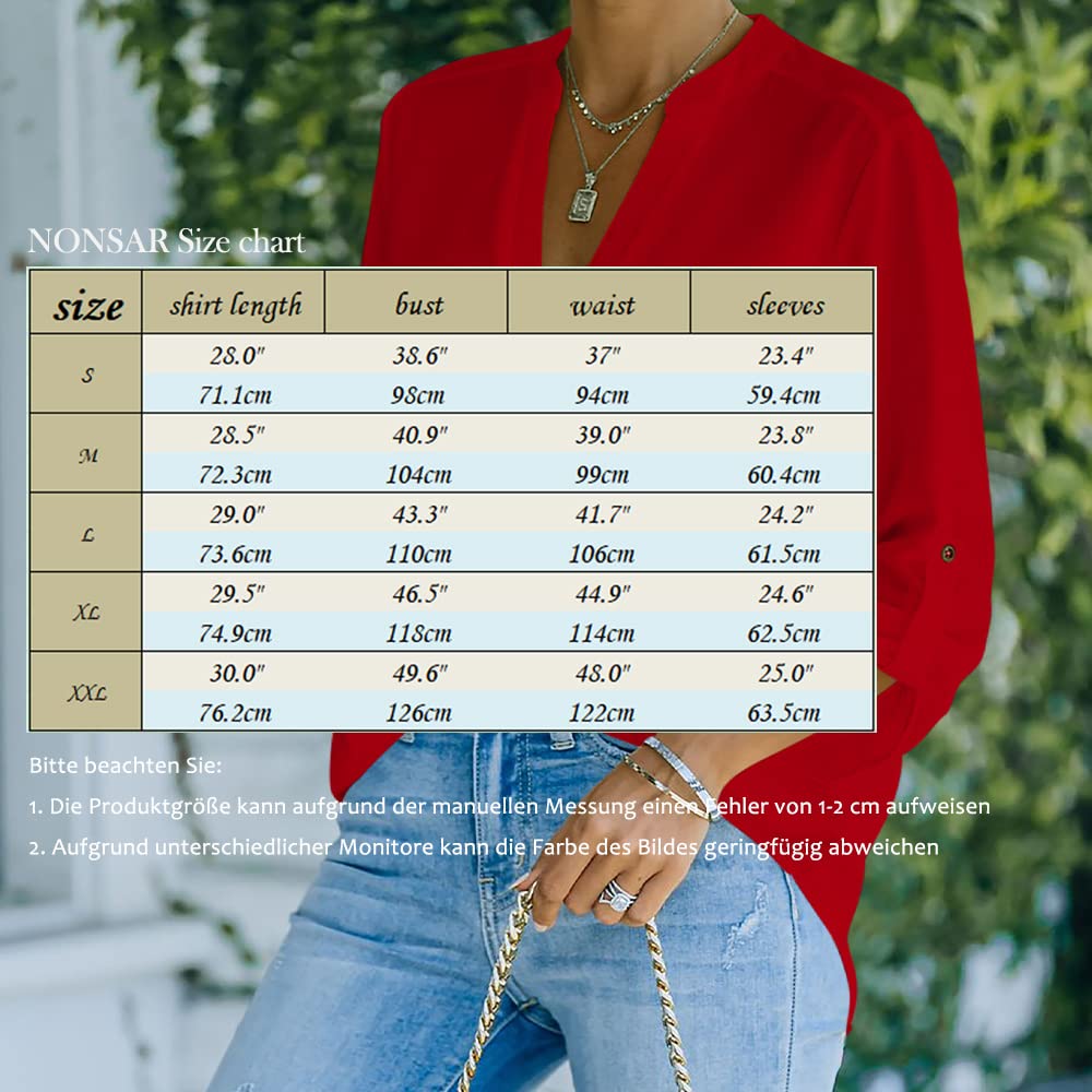 NONSAR Camicetta da donna Henley, elegante, con scollo a V, maniche arrotolabili, in stile casual
