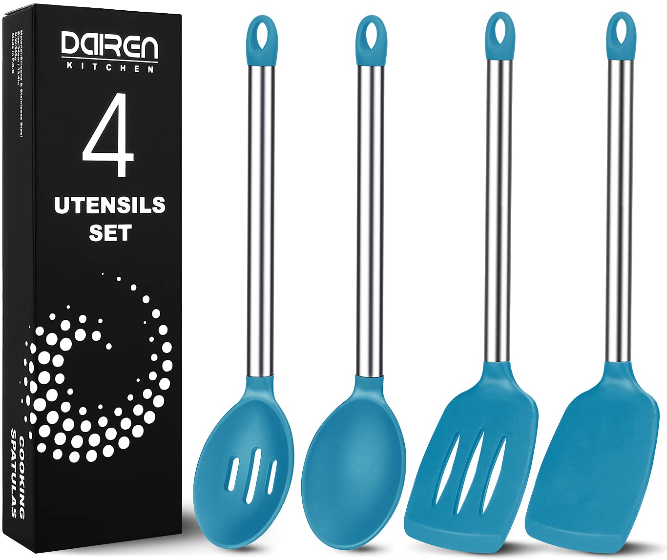 4 Pieces Large Silicone Cooking Spatulas and Spoons, Slotted and Solid Stainless Steel Cooking Utensils Set, Non-stick Heat Resistant Kitchen for Baking, Stir-Fry, Mixing, Serving, Draining (Blue)