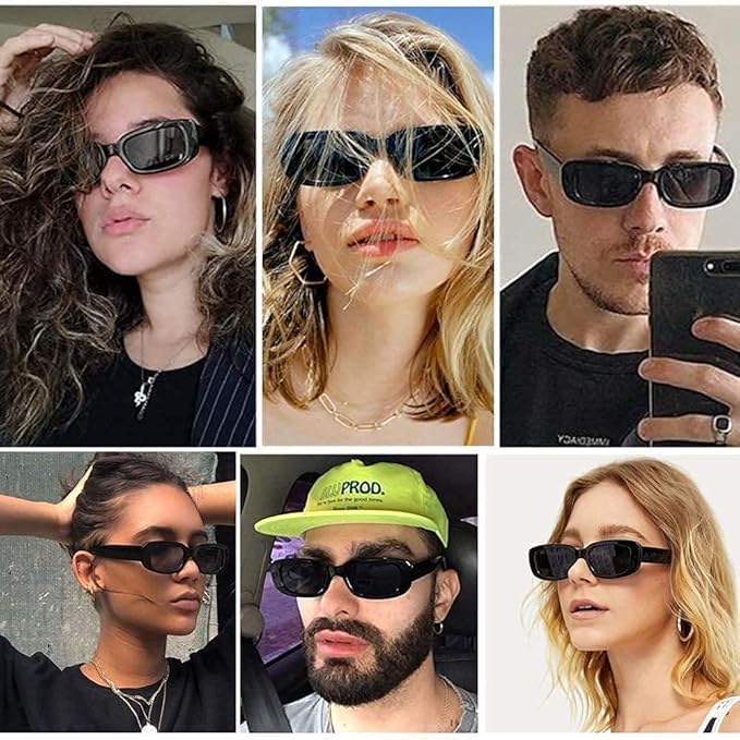 Image of Rectangular Sunglasses, Black Frame, Dark Grey Lenses, Retro Style-Men Women