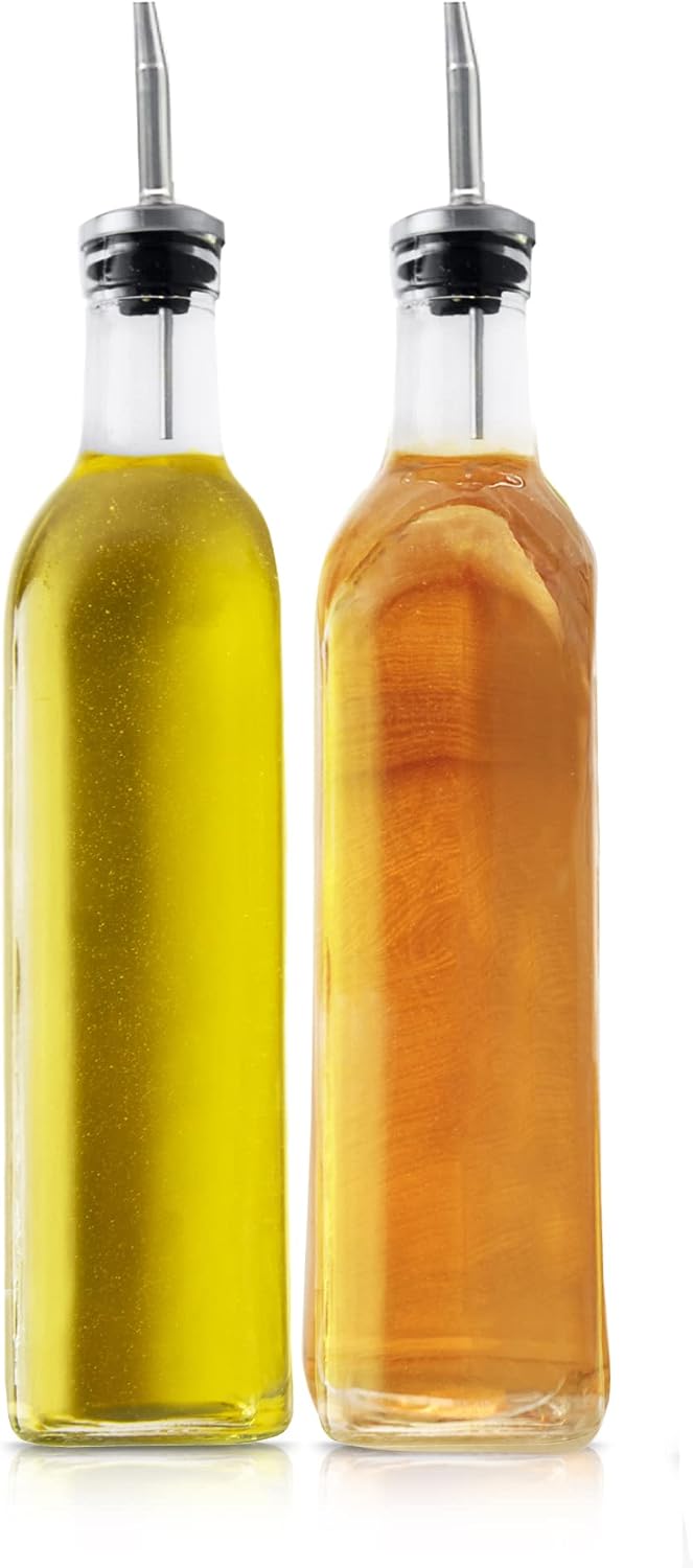 Oil Vinegar Cruet, Square Tall Glass Bottle with Stainless Steel Spout, Set of 2 – 16 oz.