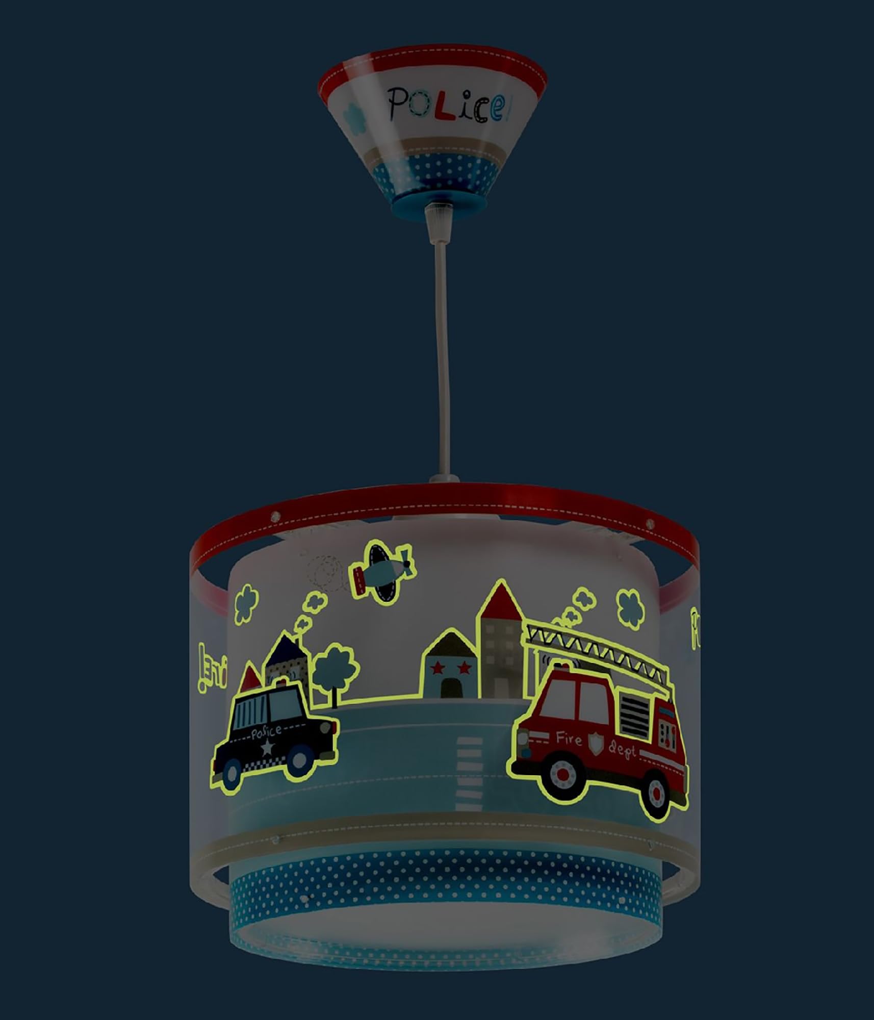Lampada da soffitto a sospensione per bambini Dalber Police, con auto della polizia e camion dei pompieri, 60612M, E27, lampade per bambini, cameretta dei ragazzi.