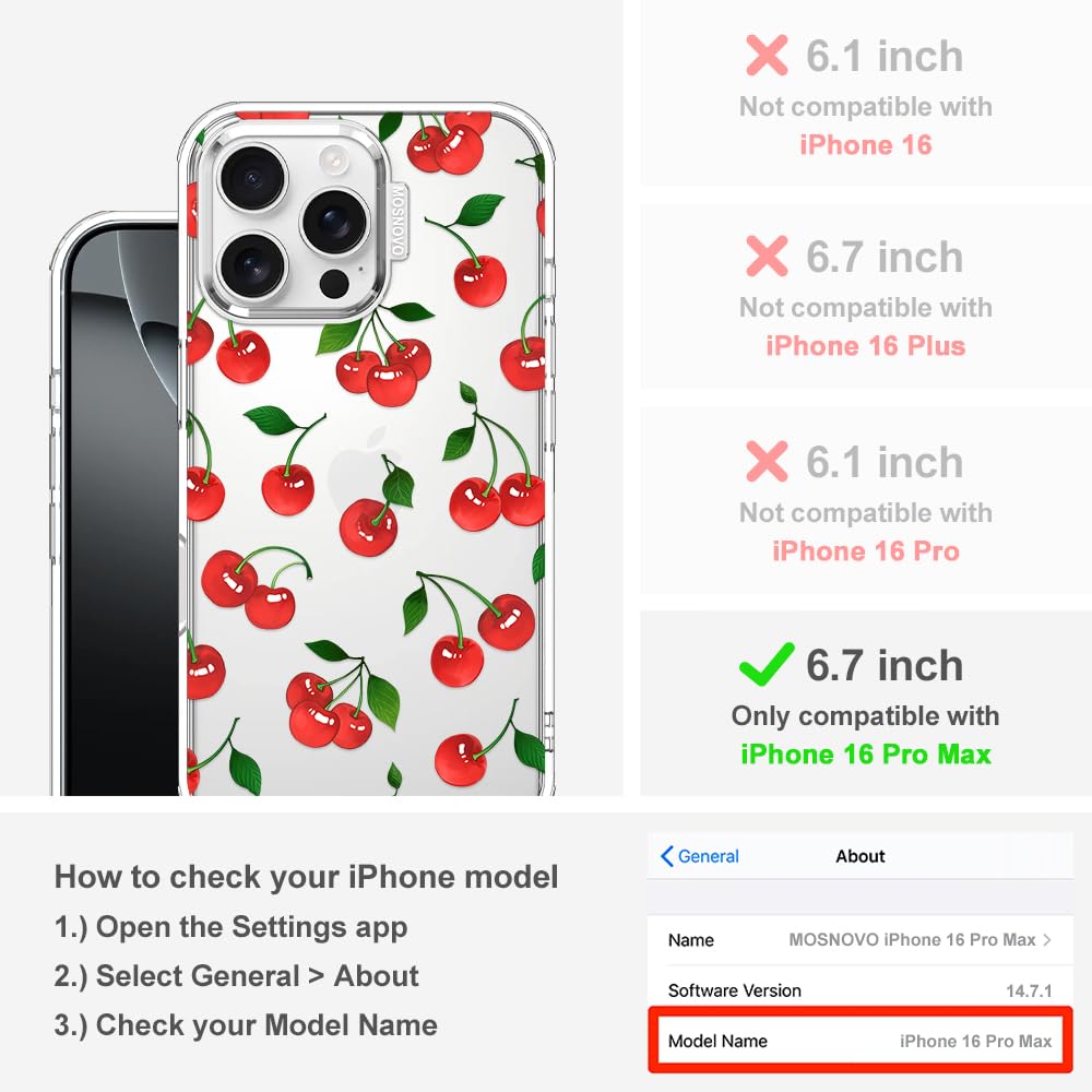 MOSNOVO Cover per iPhone 16 Pro Max - Custodia Trasparente Sottile Antiurto in TPU+PC per Telefono [Protezione Caduta da 6,6 Piedi/Anti-Peel] - Ciliegia Carina - 2