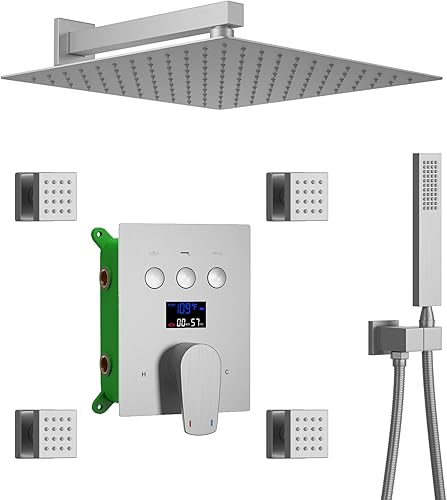 Accesorios de ducha de níquel cepillado, montaje en pared de 12 pulgadas, sistema de ducha de cuerpo completo con chorros corporales, cabezal de