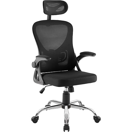 VECELO High Back Mesh Office Desk Chai with Lumbar Support & Headrest, 360° Swivel Wheels, Flip-up Armrest, Height Adjustable
