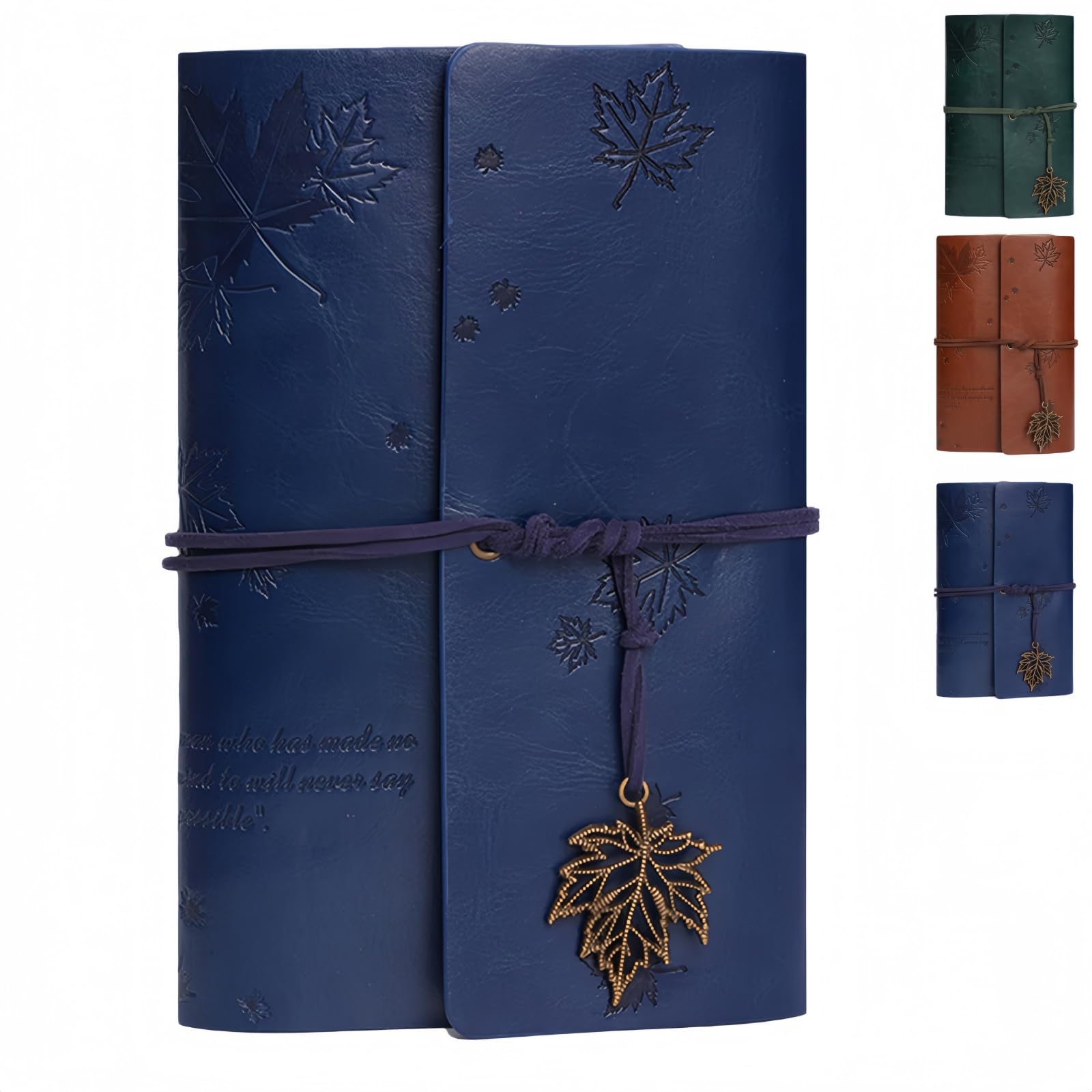HUANYO Leather A6 Notebook, Refillable Maple Leaf Embossed Vintage Journal, 18.2x12.7cm Travel Diary Gift for Women & Men (blue)