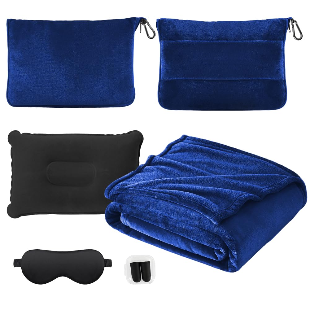 Reisedecke Kissen Decke 3 in 1, Reisedecke Ultraleicht Warm Decke Auto 152 x 127 cm, Verwandlungskissen Flugzeug Kissen mit Hülle, Gepäckhülle, Augenmaske, Ohrstöpseln (Set-Marineblau)