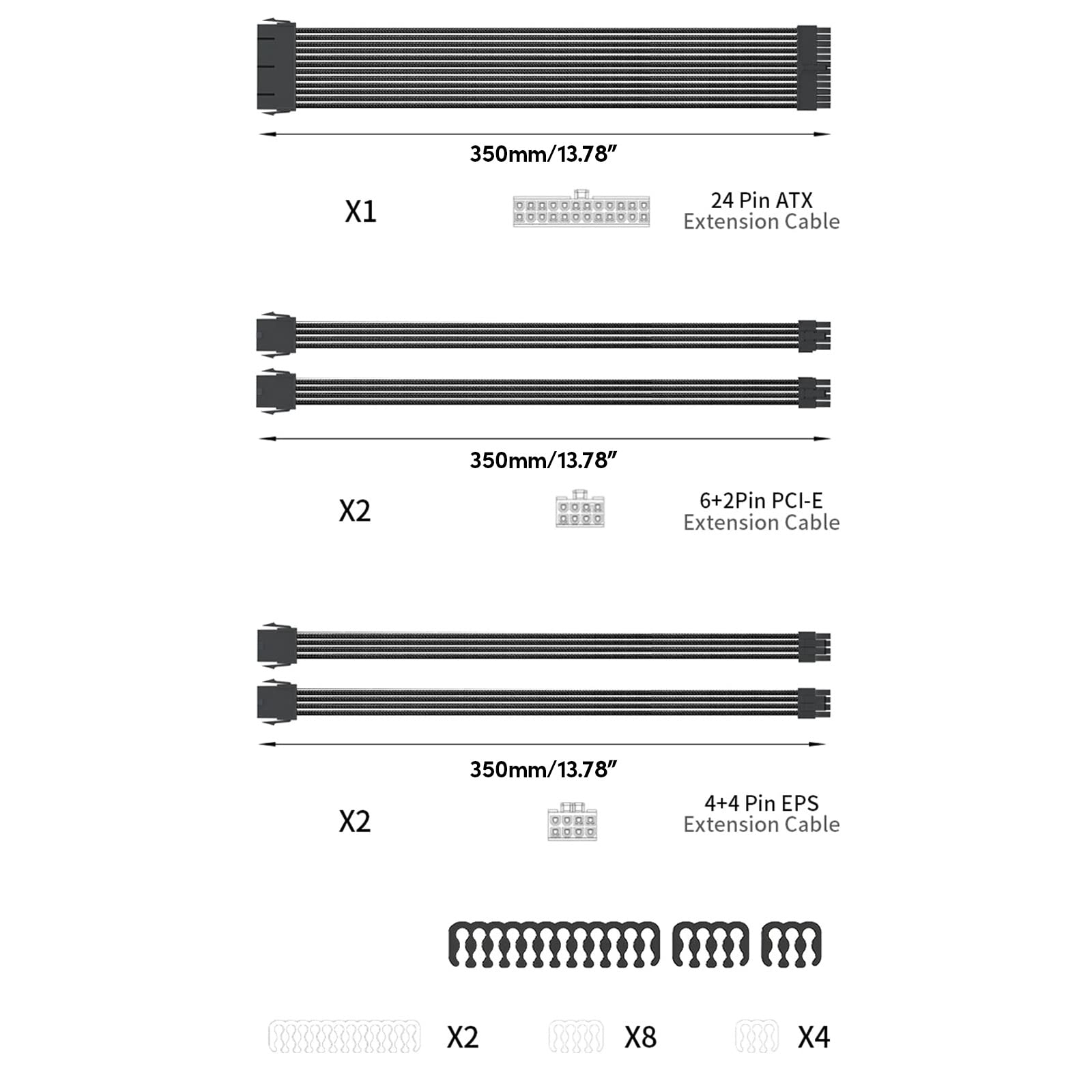 Cable de extensión de corriente PCIE de 24 pines, 6 + 2 pines, 4 + 4, cable trenzado de nailon para placa base, cable divisor