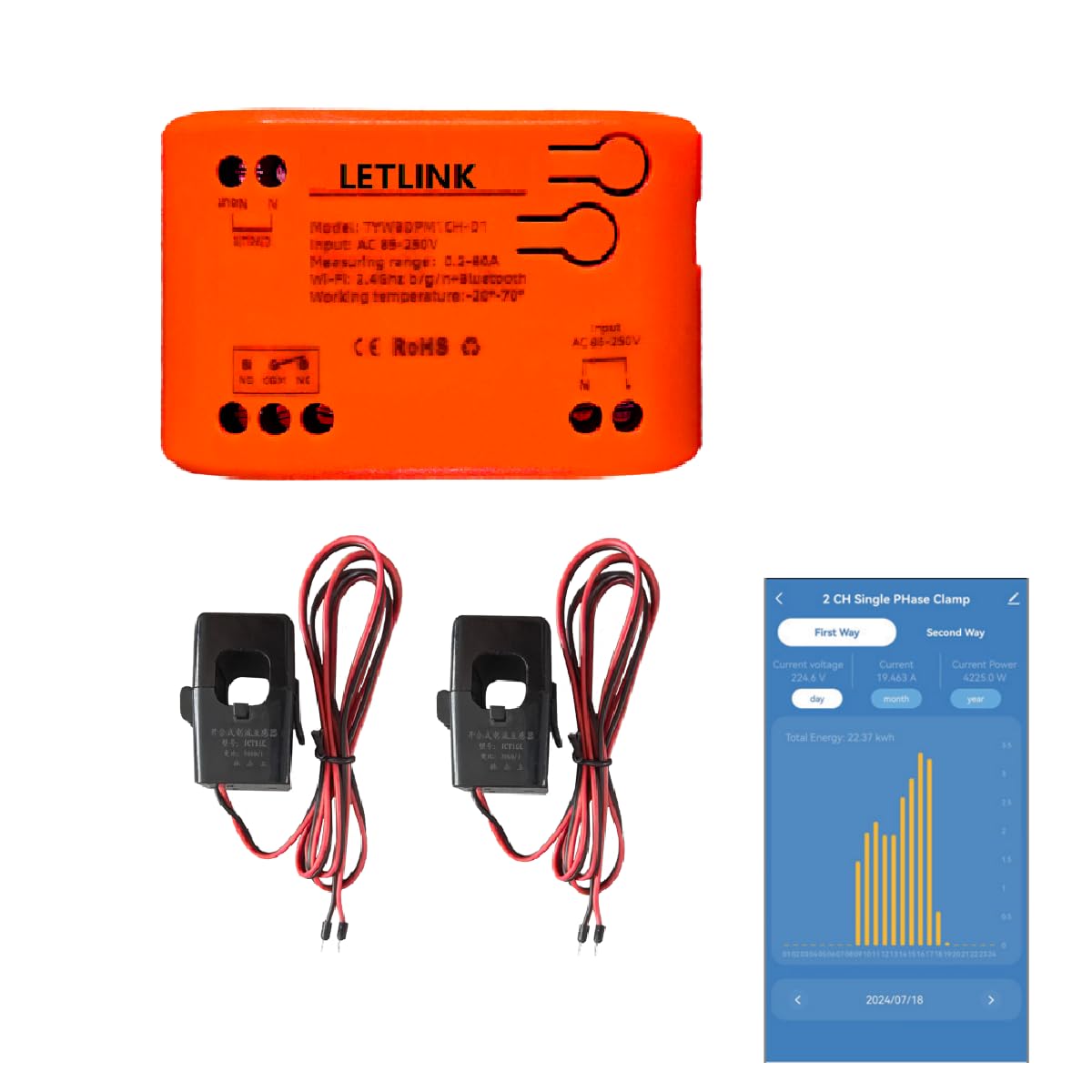 LETLINK Smart Energy Monitor, Current Transformer Energy Monitoring,Measurementrange of 0.2A-80A,AC85-250V,Home Energy Monitor,Real-Time Energy Data & History，Smart Life APP Control (Two Way)