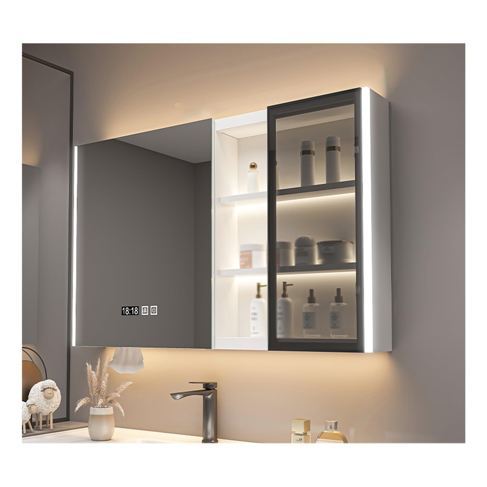 FLYIODFCXV bathroom mirror cabinet, Solid Wood Panel, High-Definition Mirror, Intelligent Defogging(White,B-90 * 70CM/35.4 * 27.5IN)