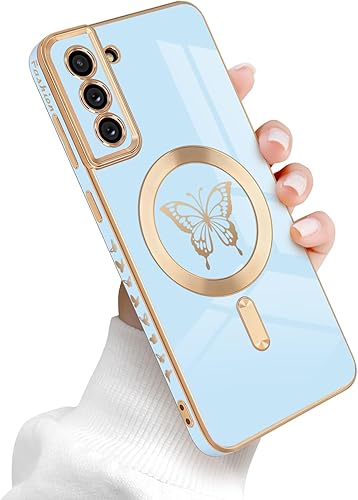 Miniatura 8 de Funda magnética para Samsung Galaxy S21 Plus 5G, bonita funda con borde chapado en mariposa con MagSafe para mujeres, niñas y hombres, TPU suave, a