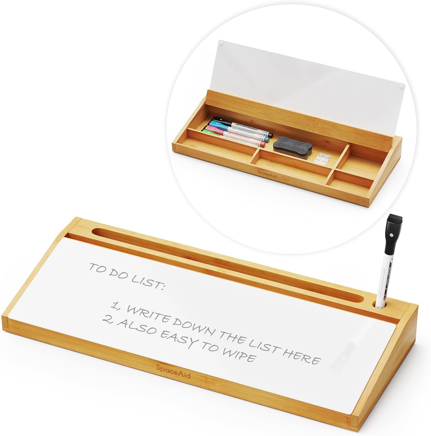 SpaceAid Bamboo Desktop Whiteboard with Organizer Box